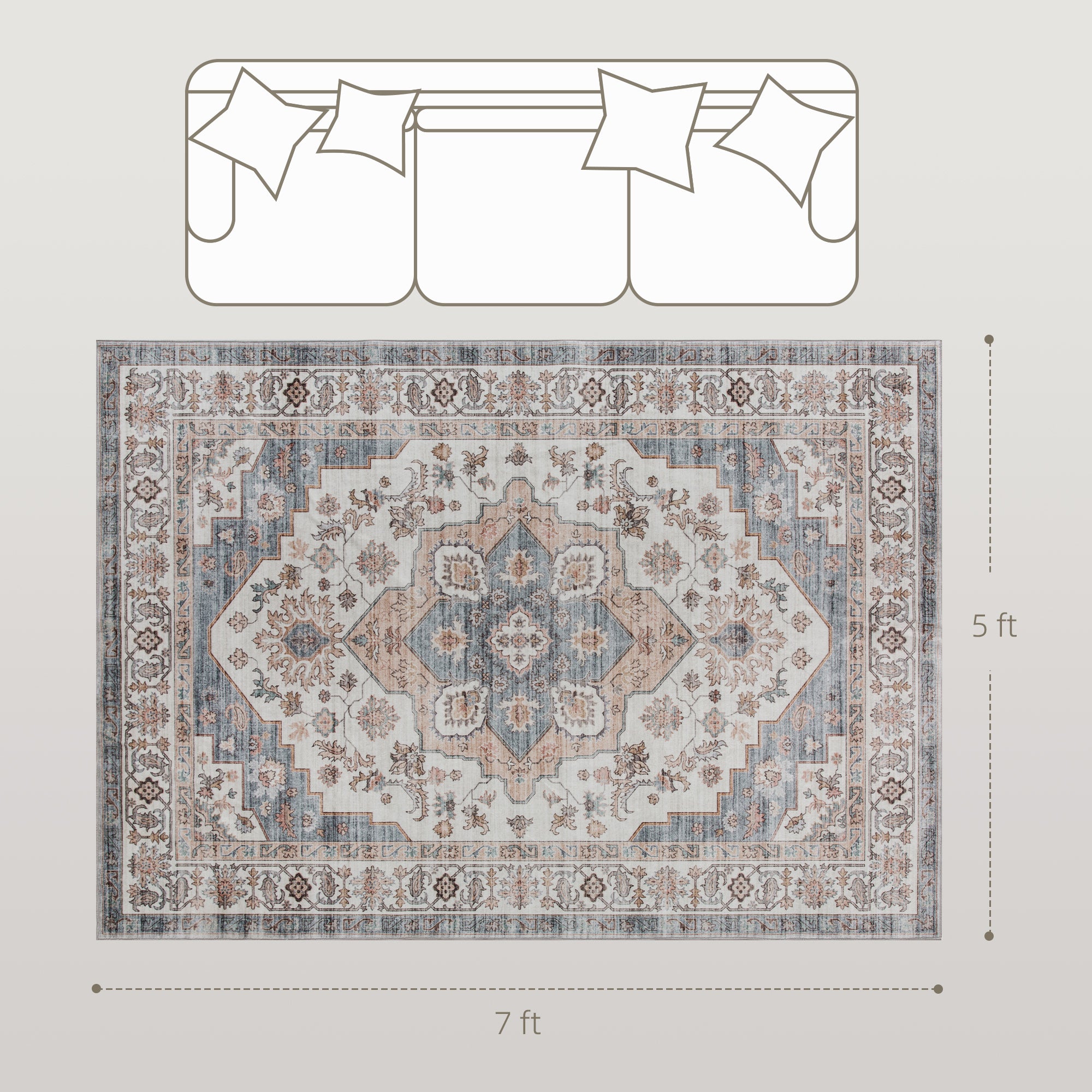 5x7 Area Rug, Vintage Machine Washable Rug, Non-Slip Carpet for Living Room, Bedroom, Dining Room, Brown & Light Blue
