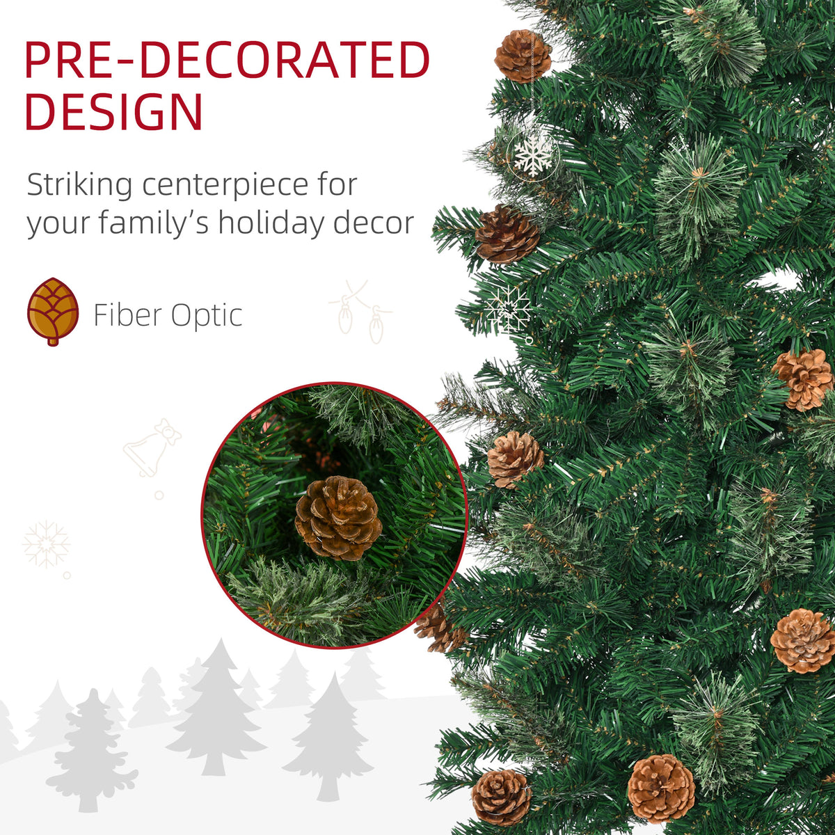 7.5 Foot Pencil Artificial Christmas Tree, Slim Pine Needles Xmas Tree with Realistic Branches, Pine Cones, Metal Base, Green