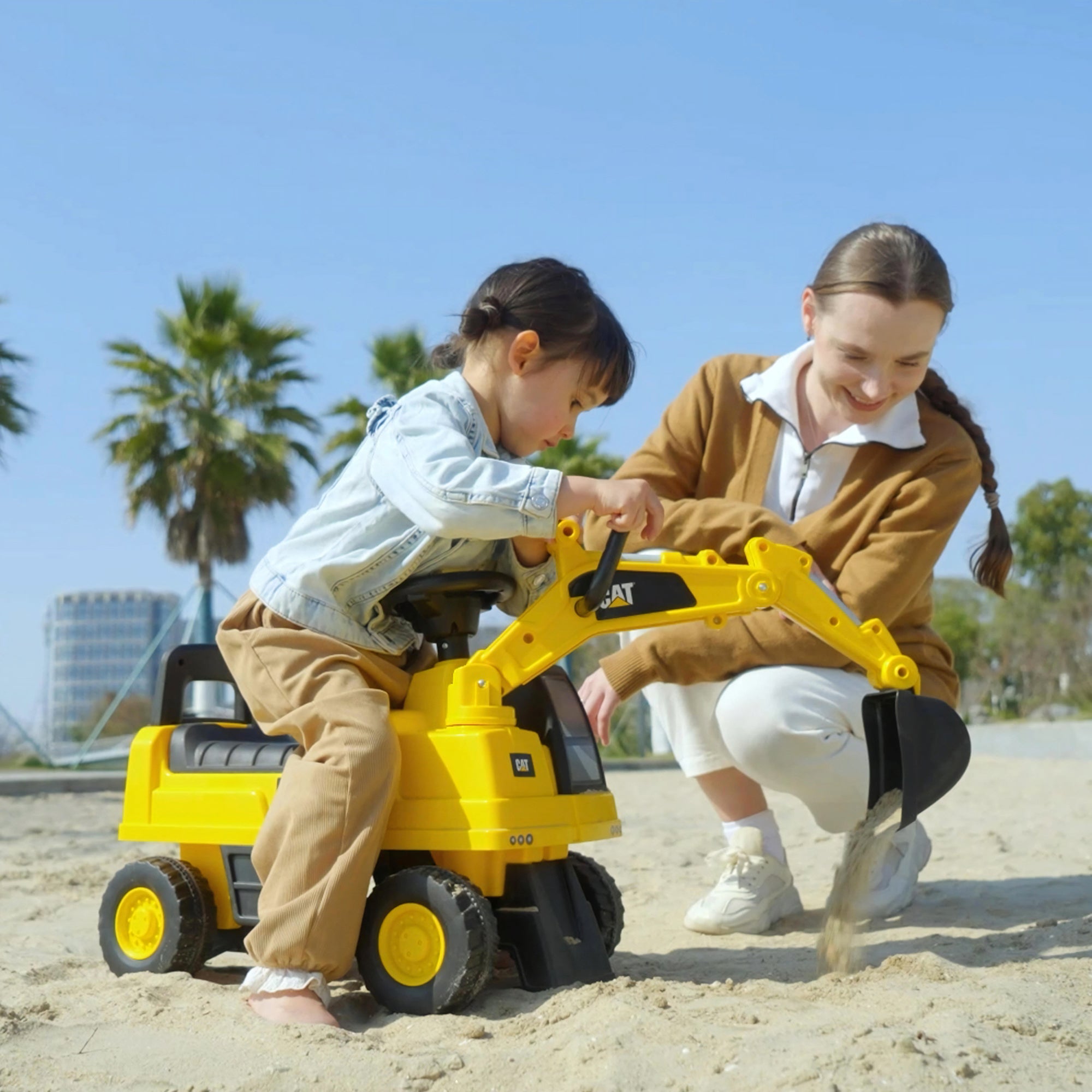 Kids Excavator Ride on Toy CAT Licensed with Manual Shovel, Horn, Hidden Storage for 18-36 Months, Yellow