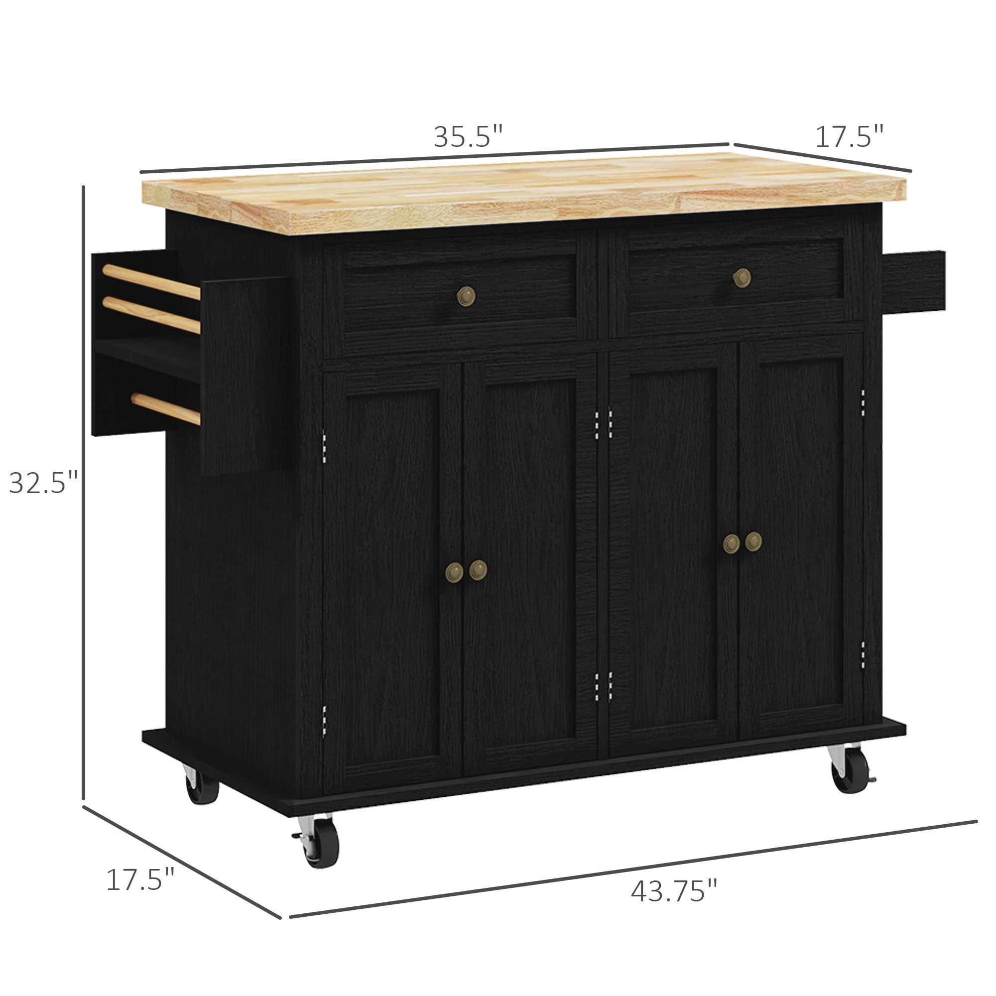 Modern Rolling Kitchen Island Cart with Spice Rack, Distressed Black