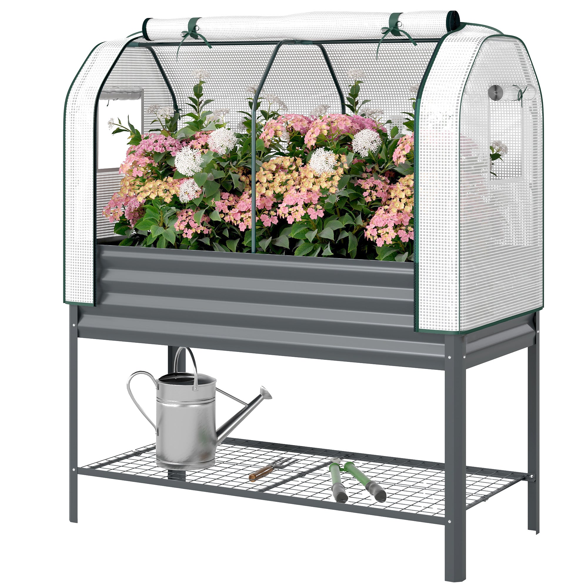 Galvanised Raised Garden Bed with Greenhouse Cover, Metal Elevated Garden Bed with Bed Liner, Bottom Shelf, Dark Gray - Dark Gray