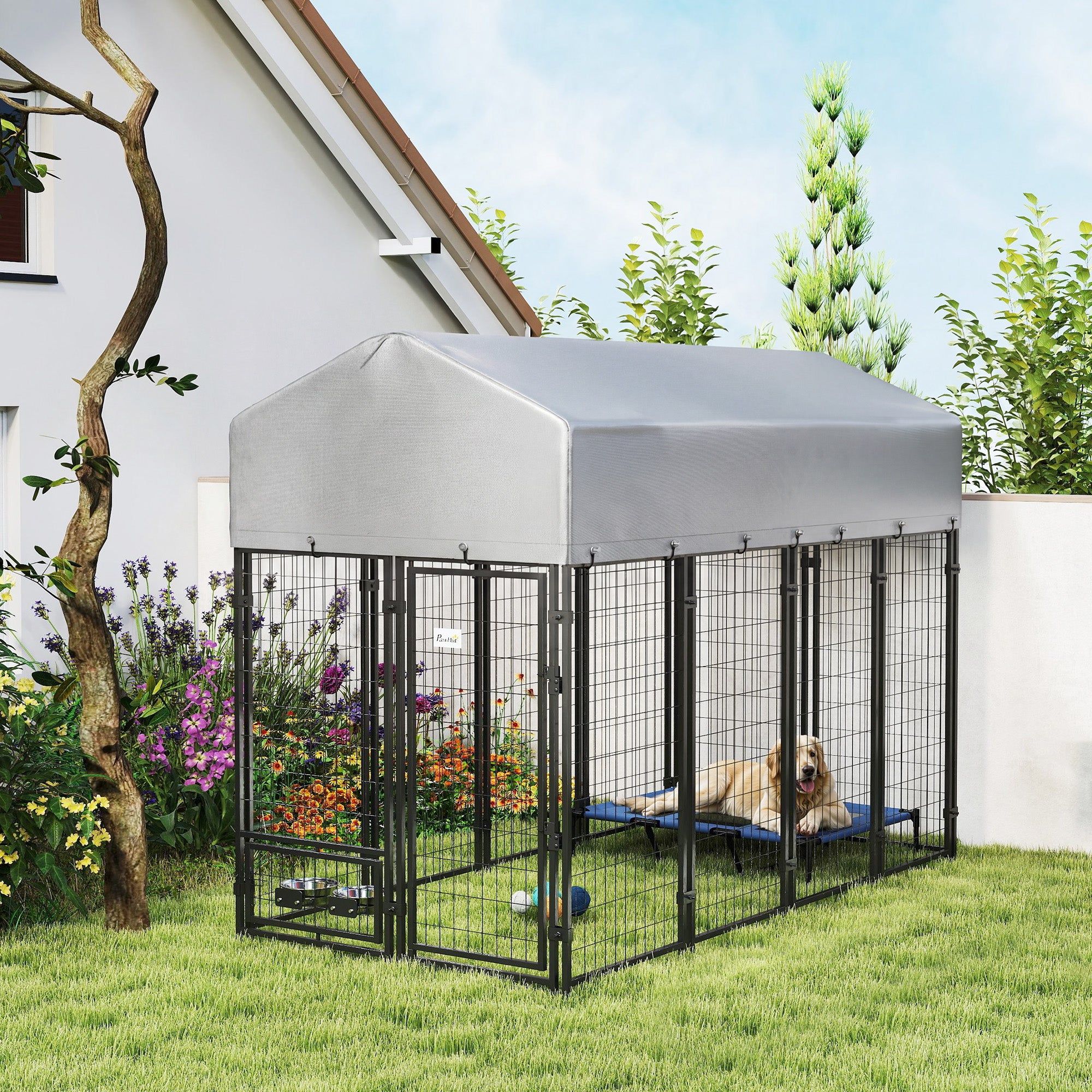 8' x 4' x 6' Outdoor Dog Kennel, Dog Kennel Outside Run with 360° Rotating Bowls, Waterproof & UV Resistant Cover - Silver - Image 2