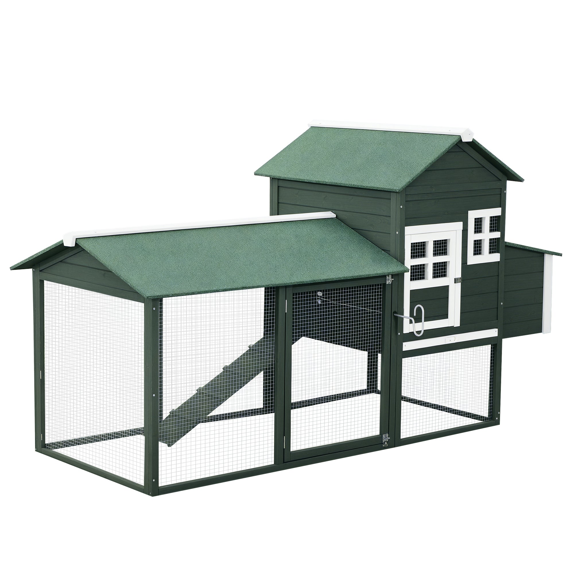 84" Wooden Chicken Coop, Hen House Outdoor with Run Nesting Box, Asphalt Roof, Removable Tray, Ramp, Poultry Cage for 2-3 Chickens, Green - Green