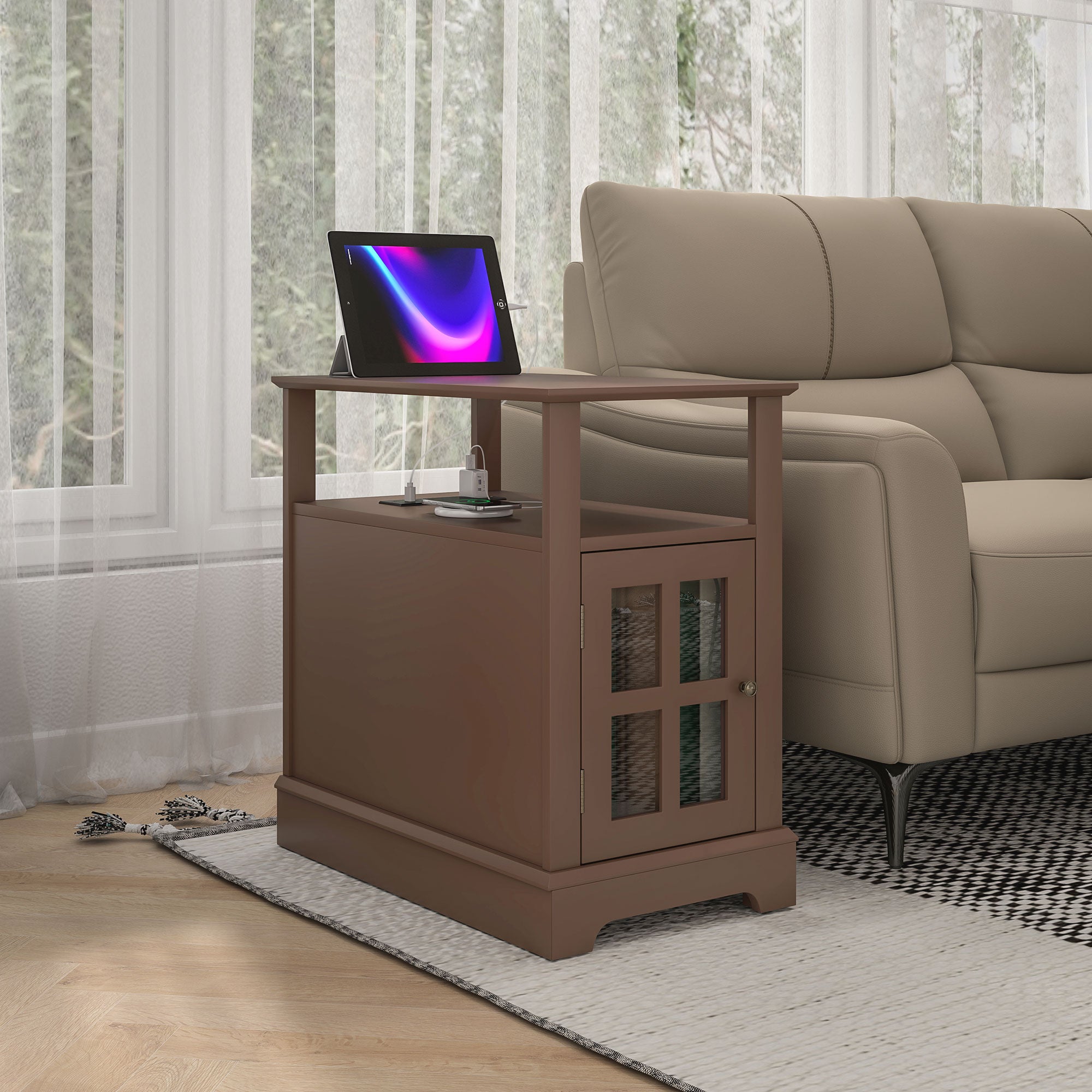 Narrow Side Table End Table with Charging Station, USB Ports, Modern End Table with Storage for Living Room, Brown