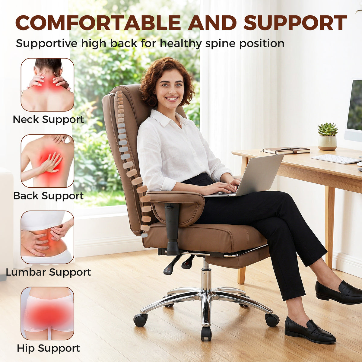 Ergonomic Office Chair, High Back Reclining Desk Chair with Adjustable Armrests, Pet Friendly Faux Leather, Brown