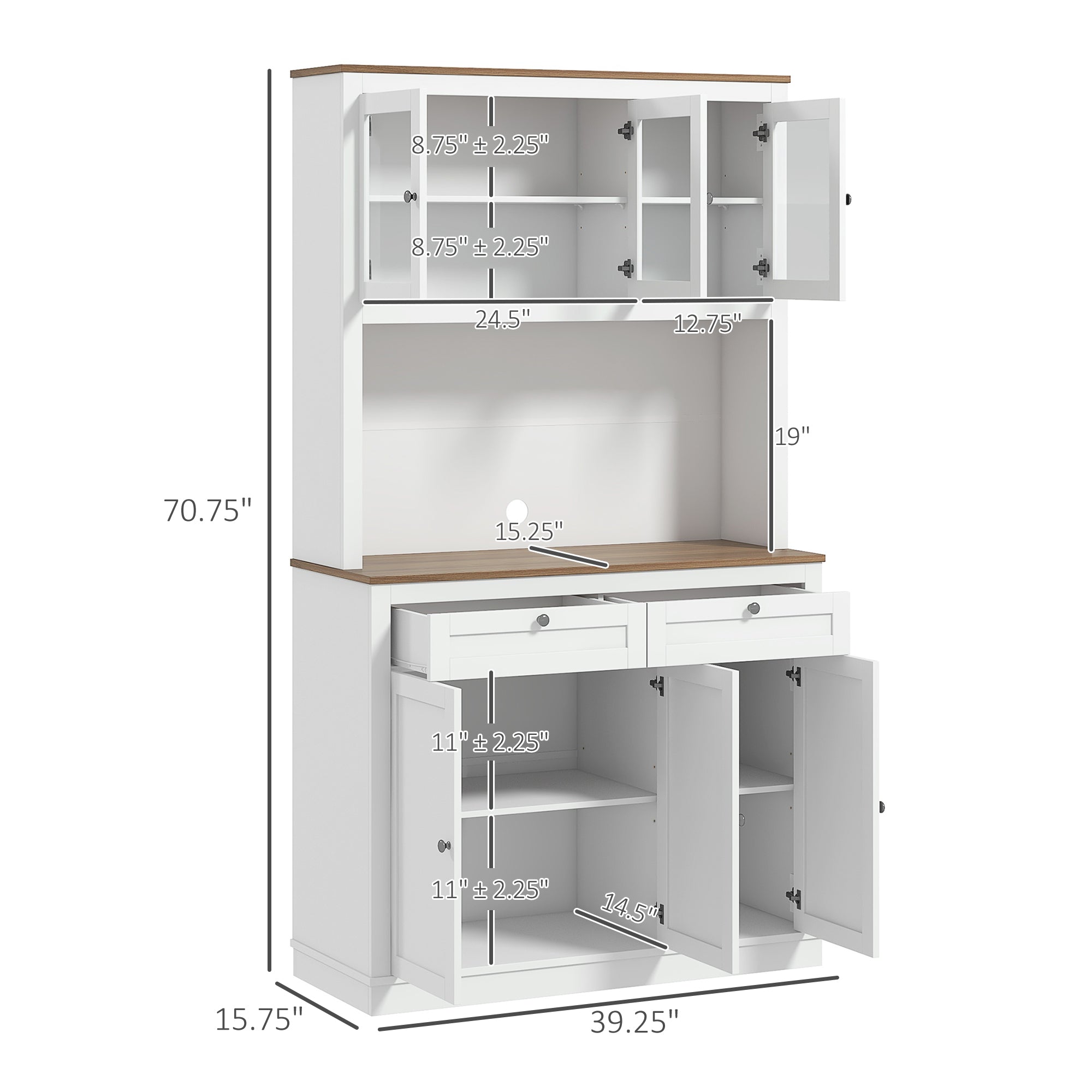 71" Kitchen Pantry Cabinet with Microwave Stand, Kitchen Hutch with 2 Drawers and Adjustable Shelves, White