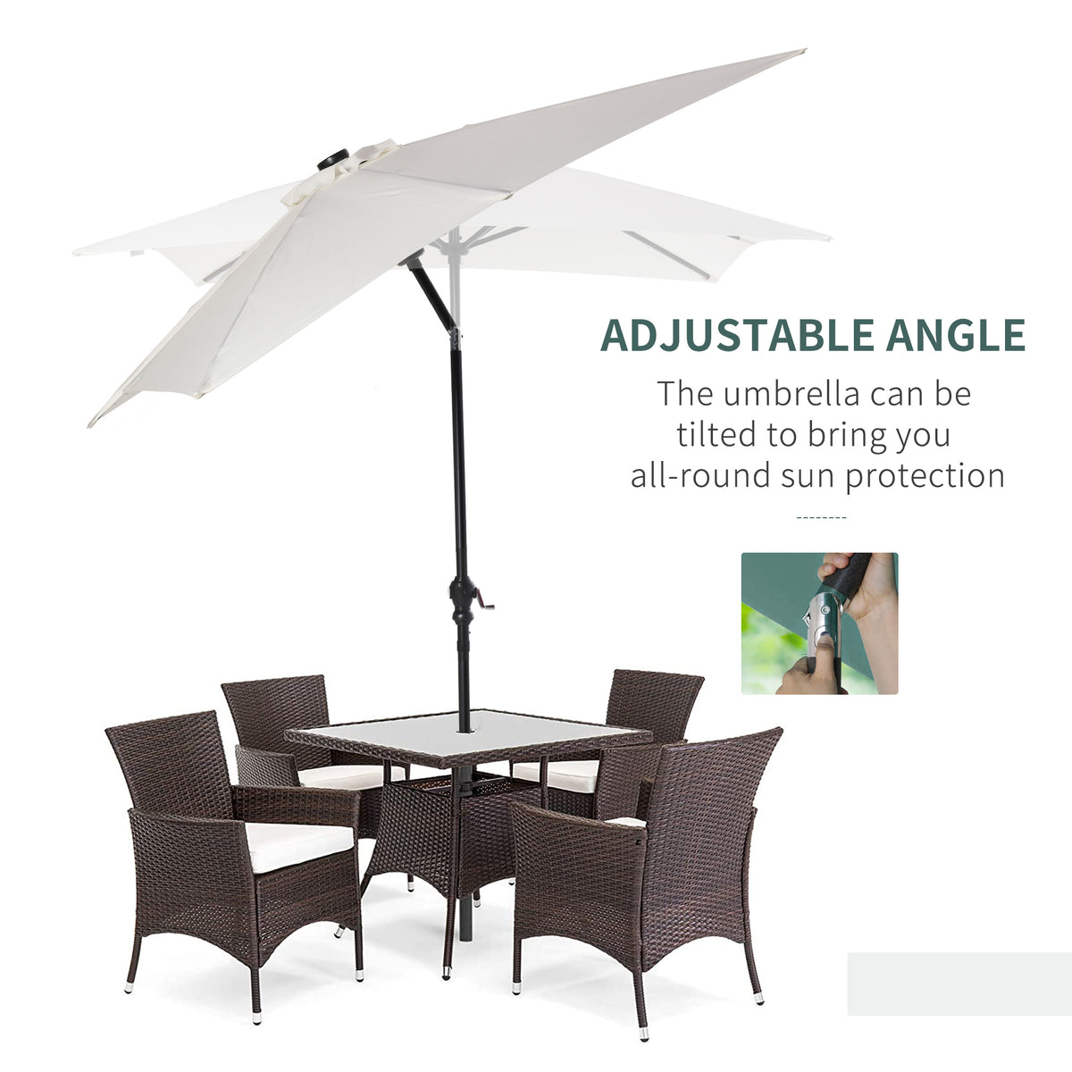 9' x 7' Patio Umbrella Outdoor Table Market Umbrella with Crank, Solar LED Lights, 45° Tilt, Push-Button Operation, for Deck, Backyard, Pool and Lawn, White