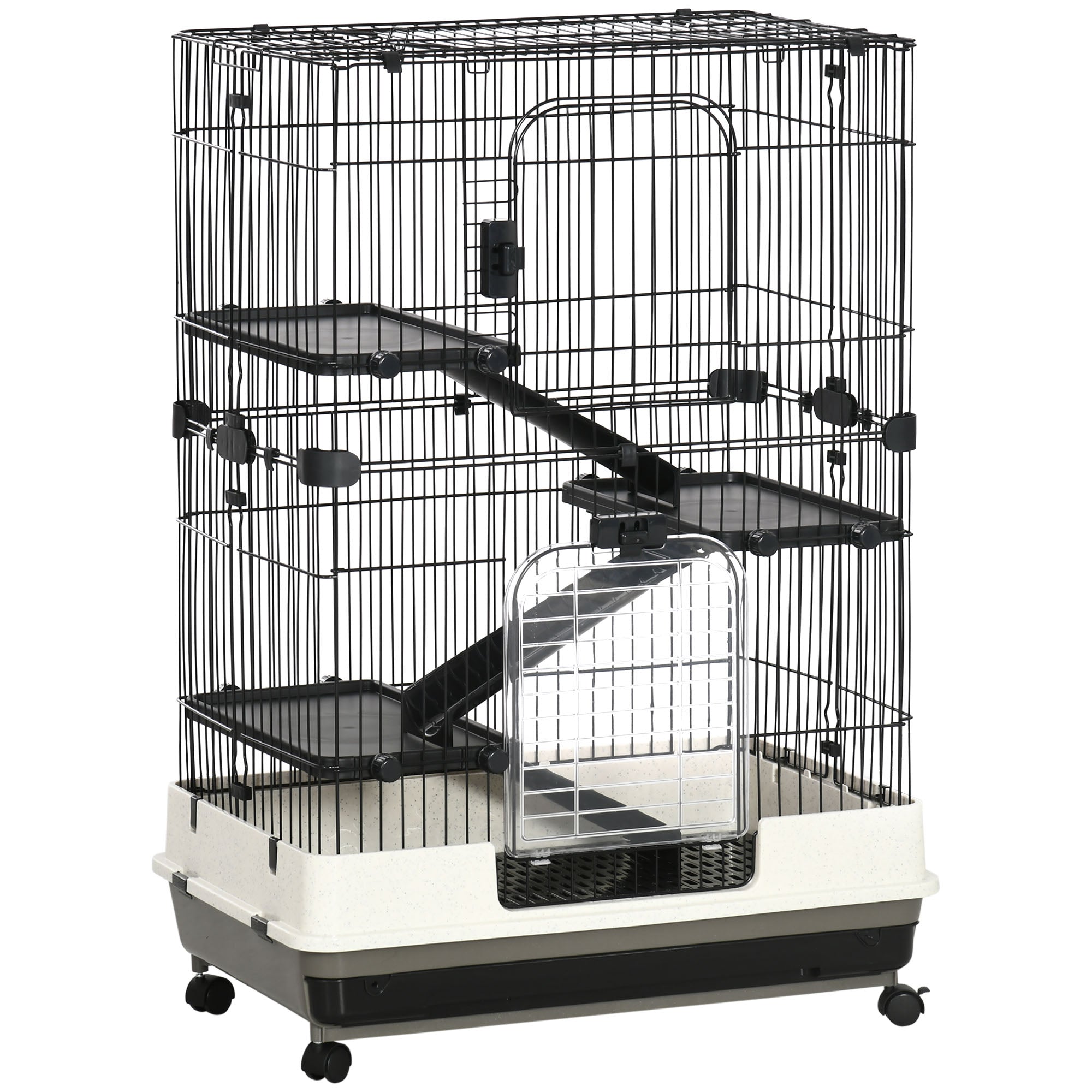 32"L 4-Level Small Animal Cage Rabbit Hutch with Universal Lockable Wheels, Slide-out Tray for Bunny, Chinchillas, Ferret, Black - Black