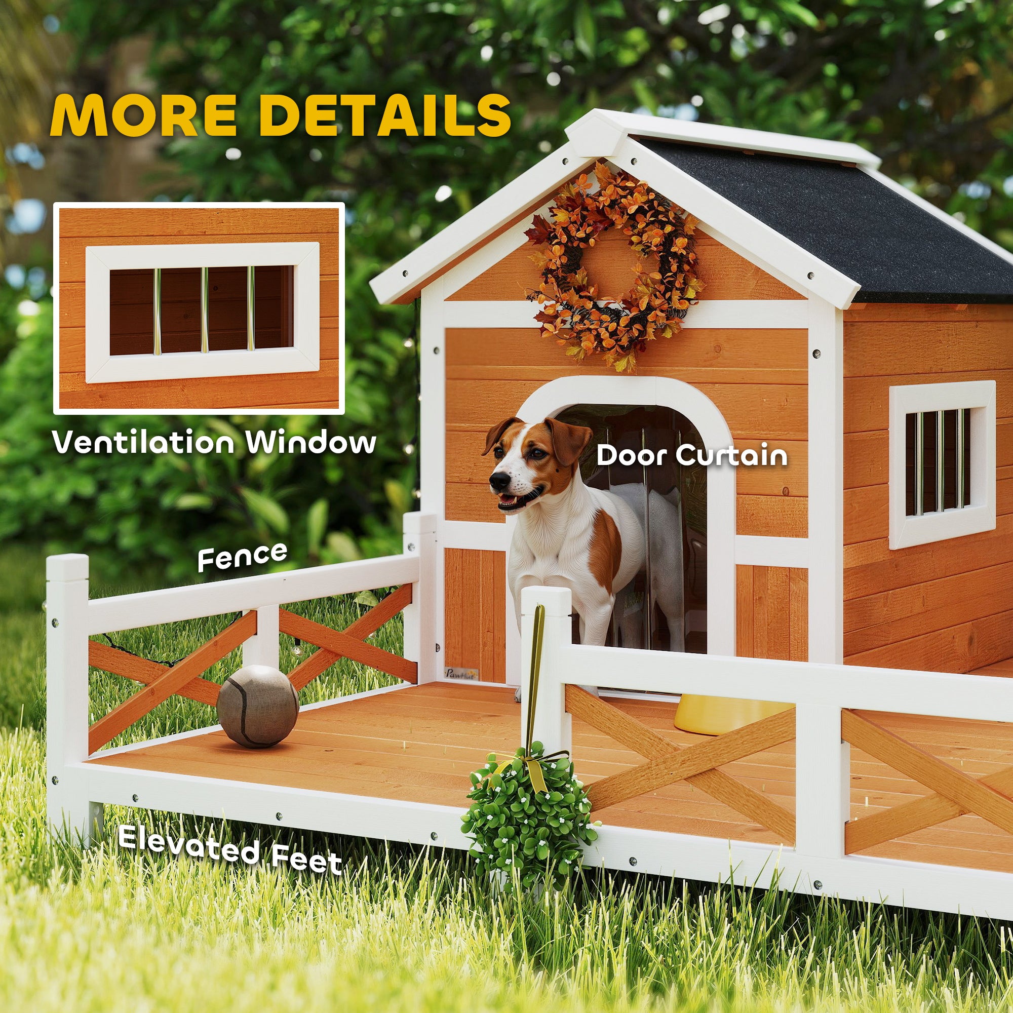 Outdoor Wooden Dog House, Dog Shelter with Large Porch, Weatherproof & Openable Roof, Elevated Base, Removable Floor - Orange - Image 7