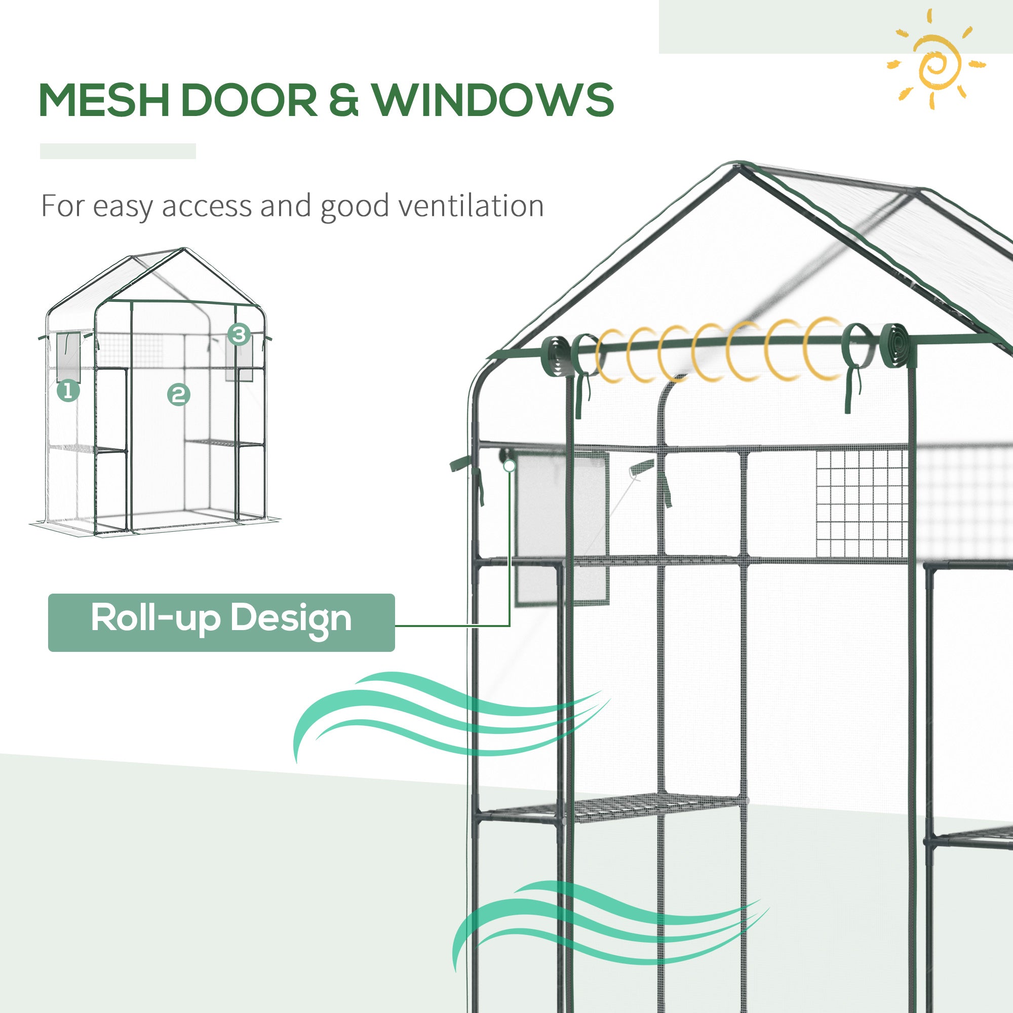 Outdoor Walk-in Mini Greenhouse with Mesh Door & Windows, Small Portable Garden Green House with 3 Tiers 6 Shelves, Trellis, & Plant Labels - Clear - Image 4