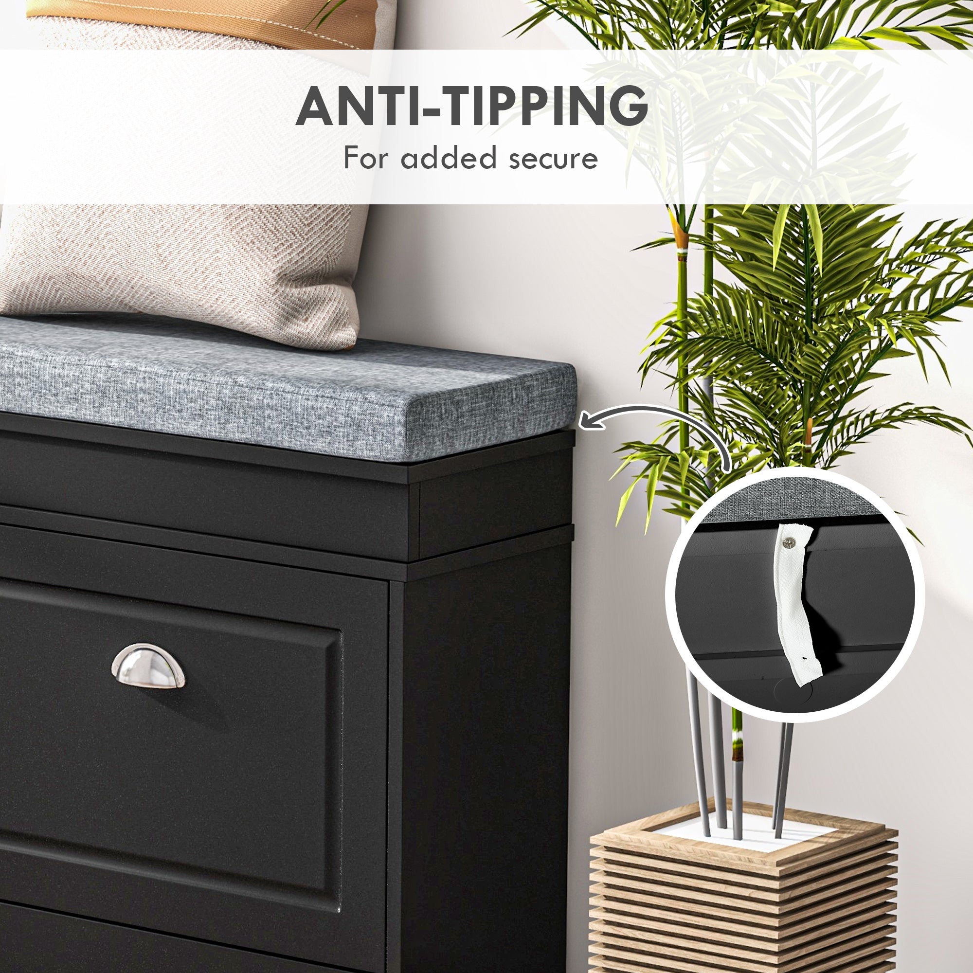 Modern Shoe Storage Bench, Entry Way Bench with Cushion, 2 Drawers, Storage Ottoman Bench, Holds 8 Pairs, Black