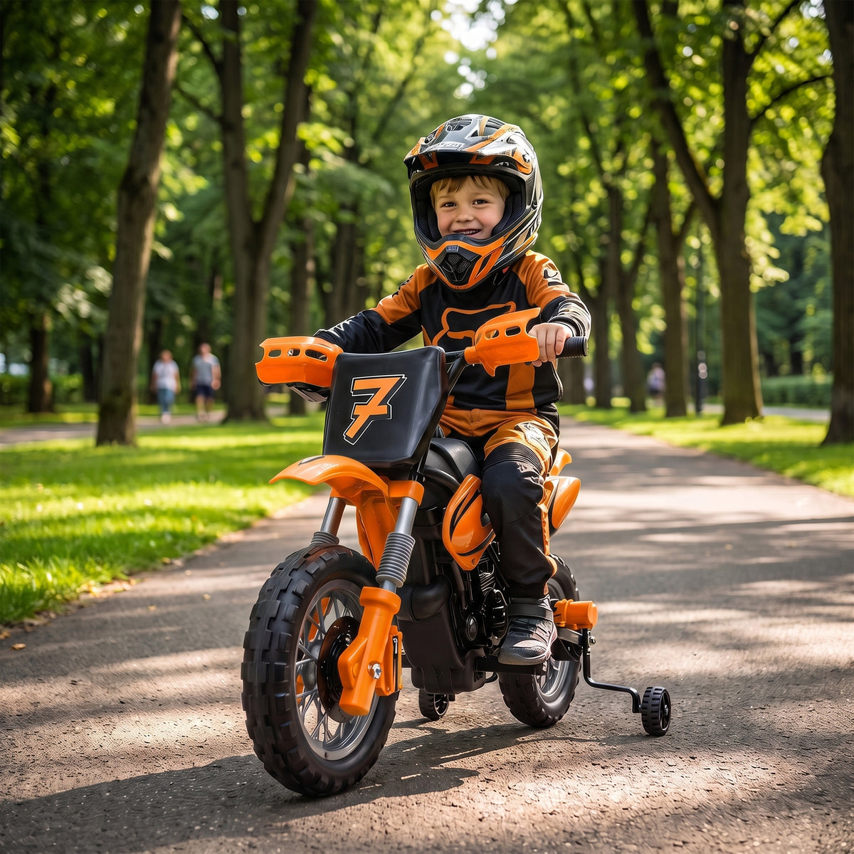 12V Kids Motorcycle, 2 x 35W Electric Dirt Bike with Training Wheels, Rear Suspension, Horn for 3-6 Years, Orange