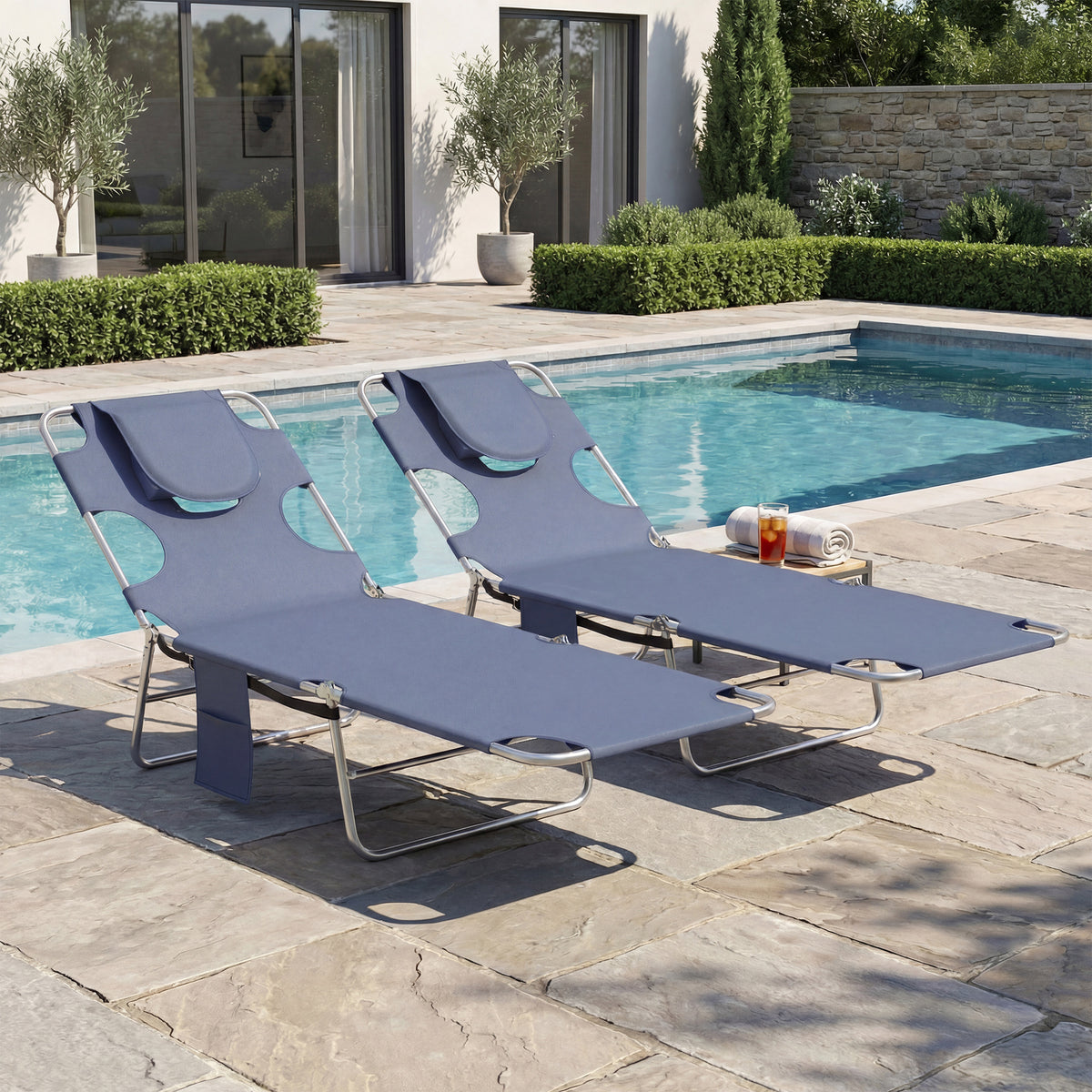 2 Tanning Chairs with Face Hole, 5-Level Adjustable Outdoor Chaise Lounge Chair with Pillow for Beach, Pool, Gray