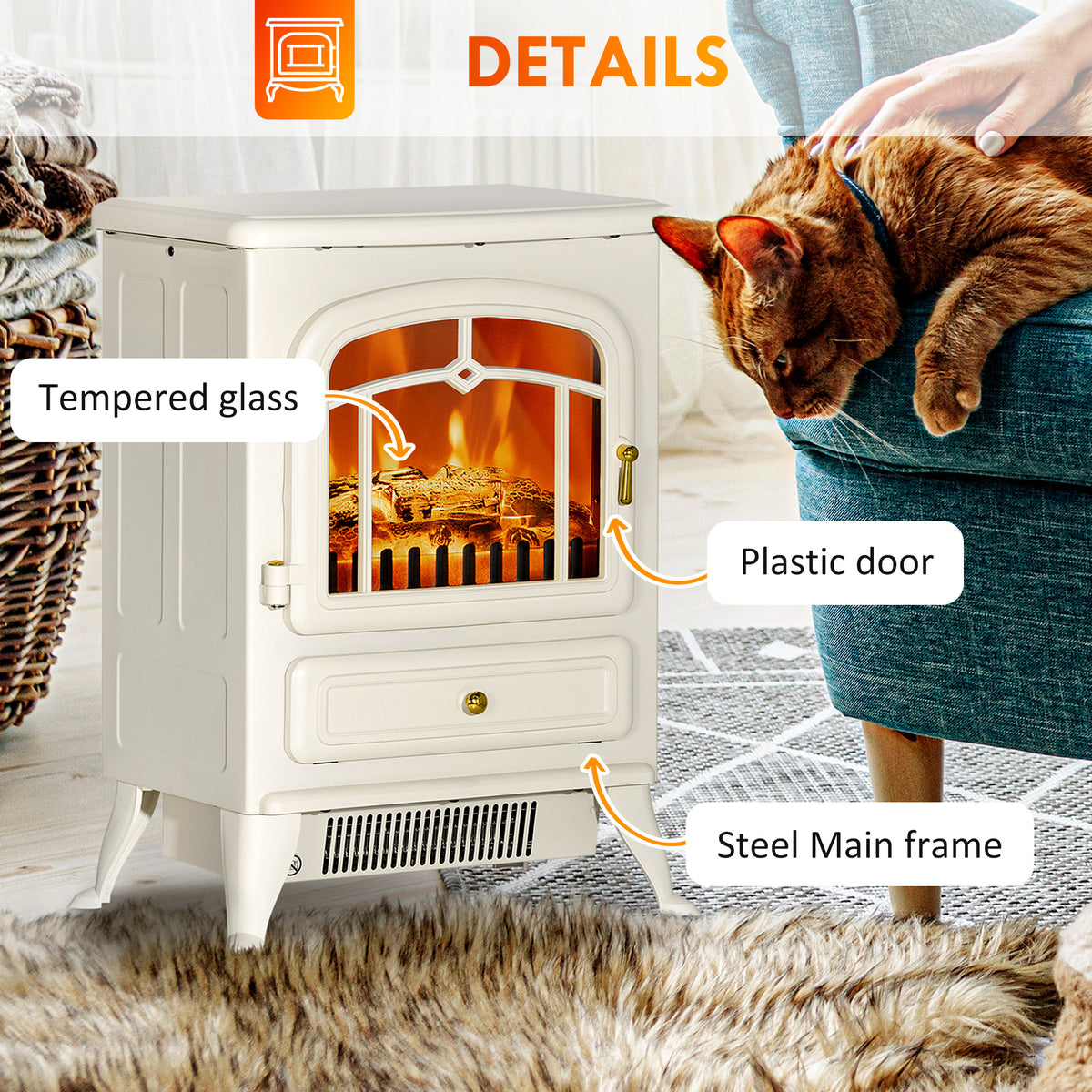 Fireplace Stove, Electric Fireplace Heater with Realistic LED Flames and Logs, 725W/1450W, Beige