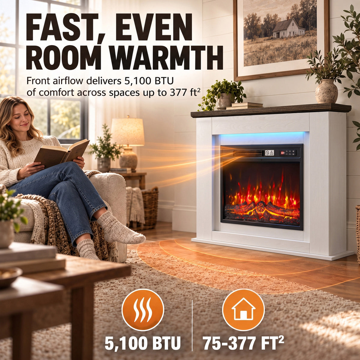40" Electric Fireplace with Mantel, LED Strip, Fireplace TV Stand for 55" TVs, Adjustable Flame, White