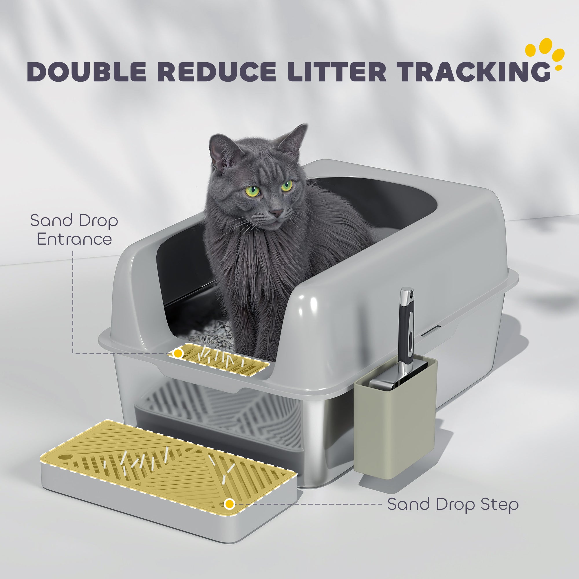 High Sided Stainless Steel Litter Box with Metal Scoop & Scoop Holder, for Easy Clean& Anti-Urine Leakage, Light Gray - Light Gray - Image 6