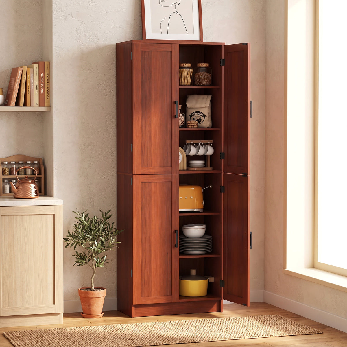 Freestanding Kitchen Pantry, 4-Door Kitchen Pantry Cabinet with Adjustable Shelves and Doors, Dark Brown