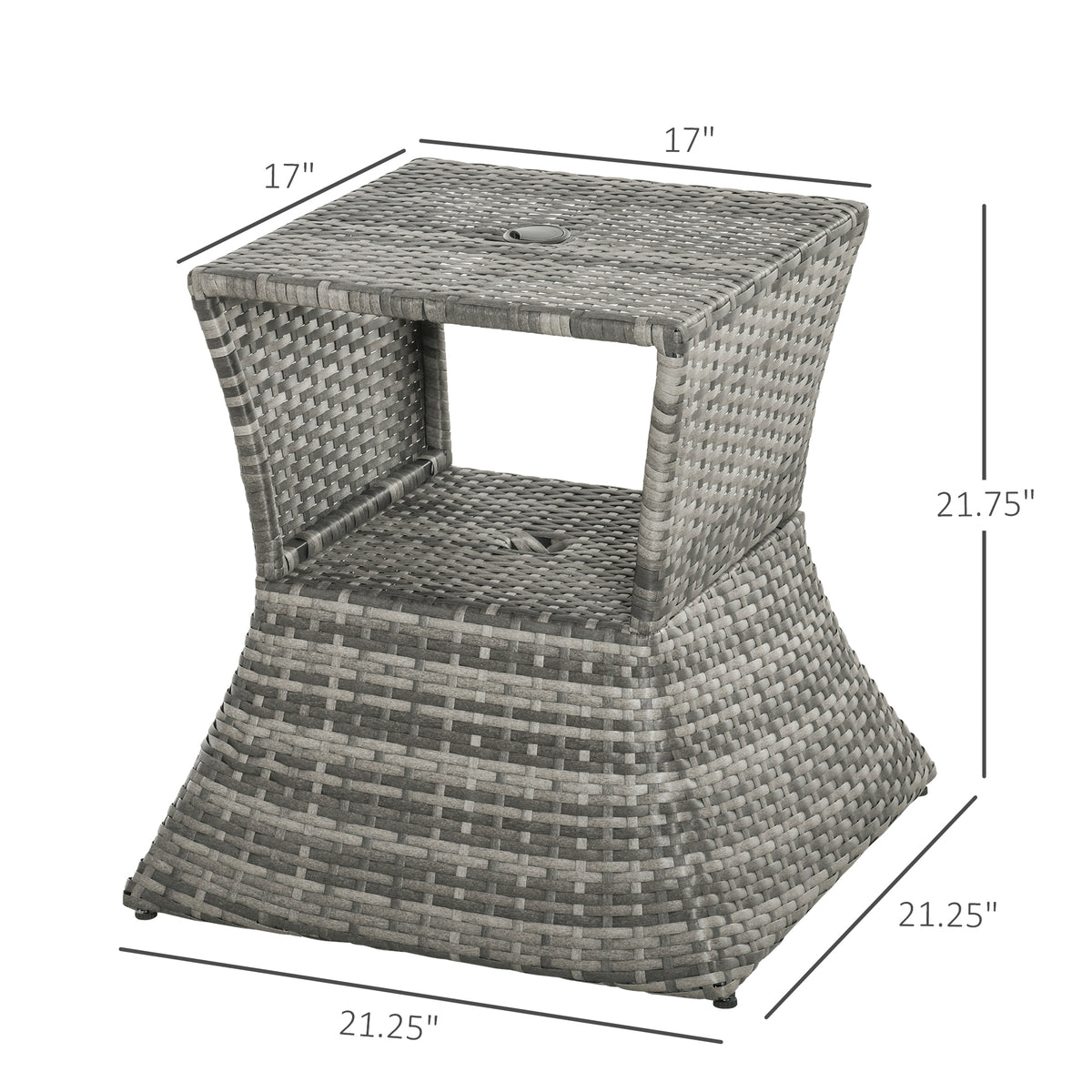 Outdoor Side Table with Umbrella Hole, 2 Tier Rattan Wicker End Table with Storage Shelf, All Weather for Patio, Garden, Backyard, Mixed Gray