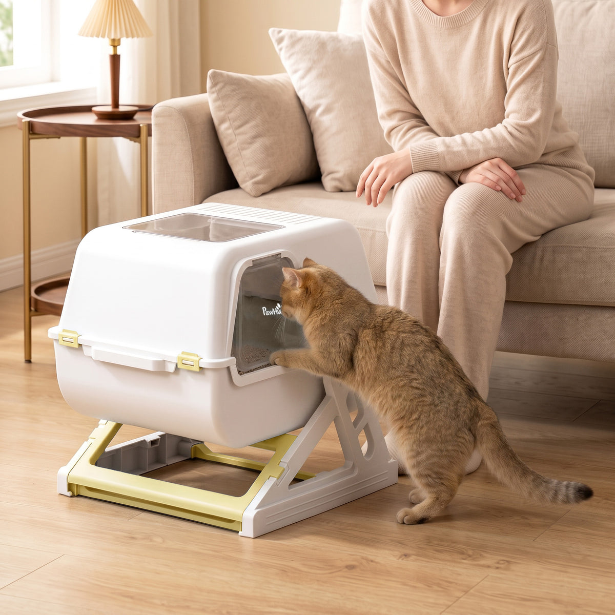 Semi-Automatic Quick Cleaning Cat Litter Box with Lid, Enclosed Cat Litter Box, Flip-to-Clean, Yellow