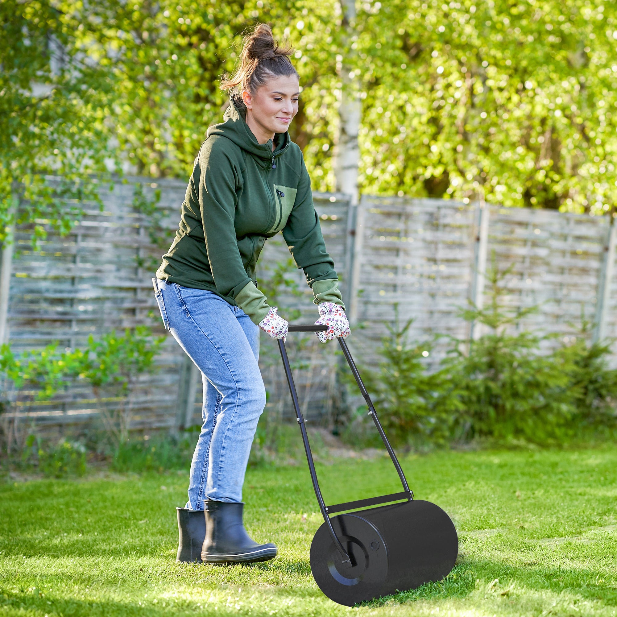 38L Heavy Duty Push/Tow Poly Lawn Roller, U-handle Garden Roller Filled with Water or Sand - Black - Image 2