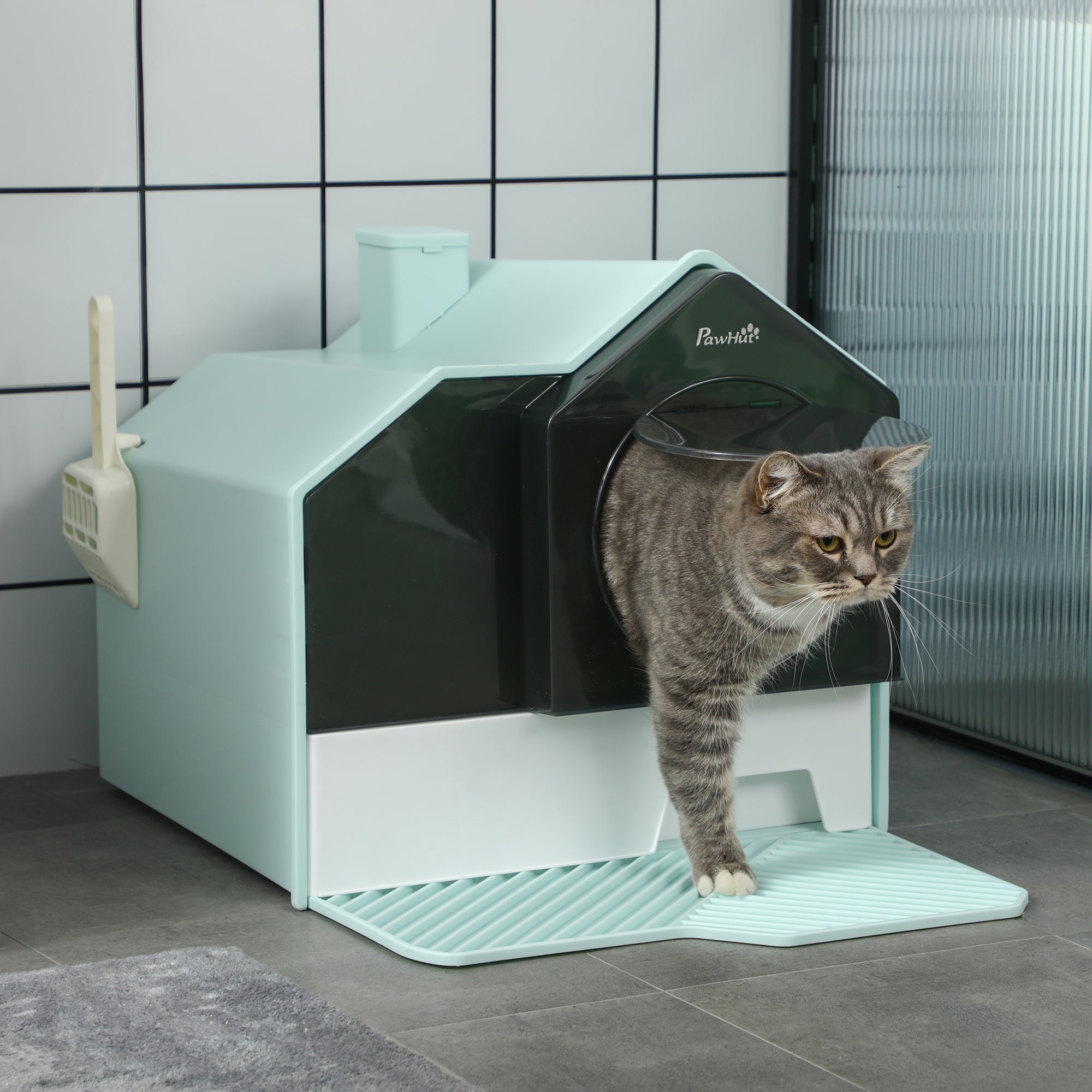 Hooded Cat Litter Box w/ Litter Mat, Litter Particle Catching, Light Blue - Light Blue - Image 2