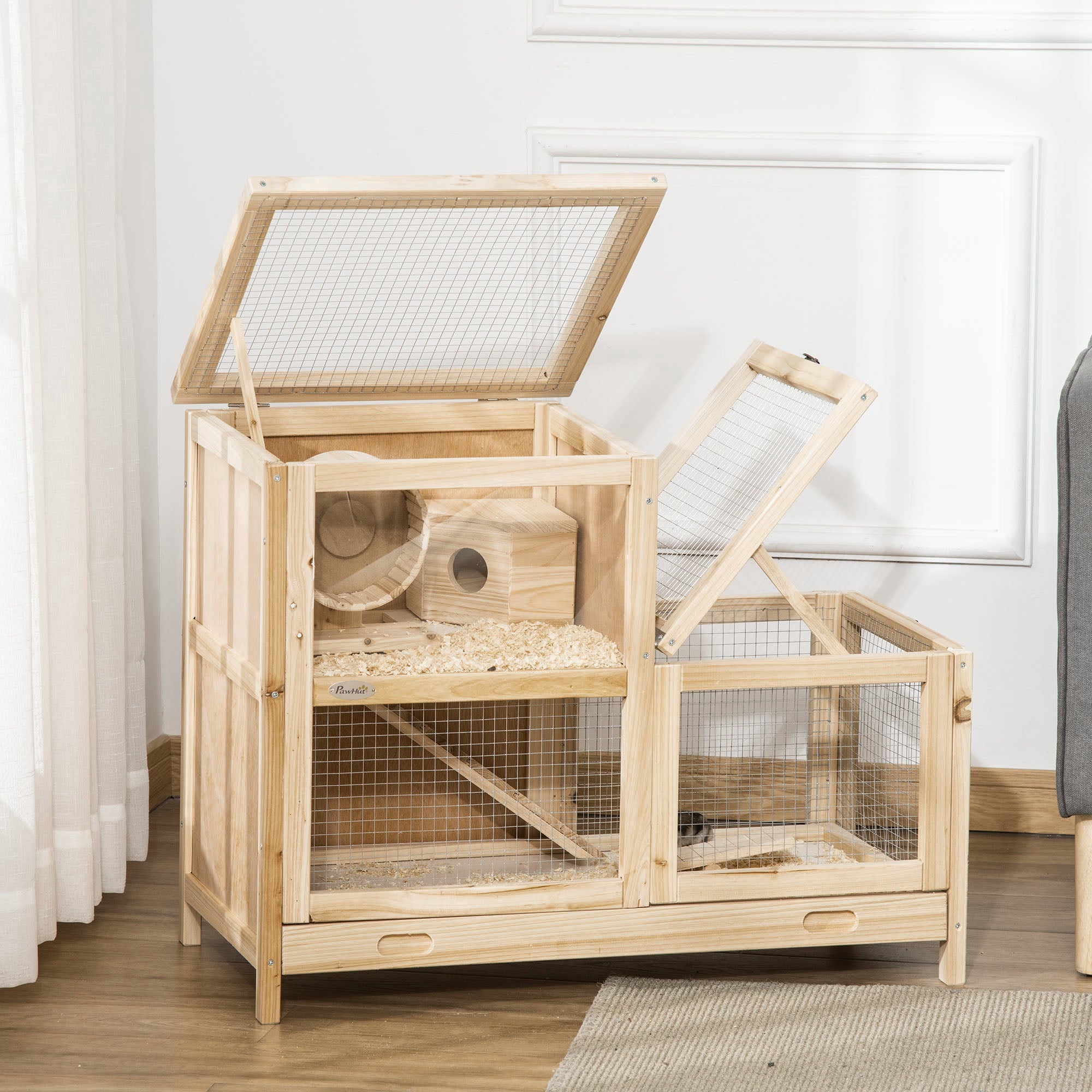 2-Tier Wooden Hamster Cage, Small Animals Hutch, w/ Seesaw, Tray - Natural Wood - Image 8