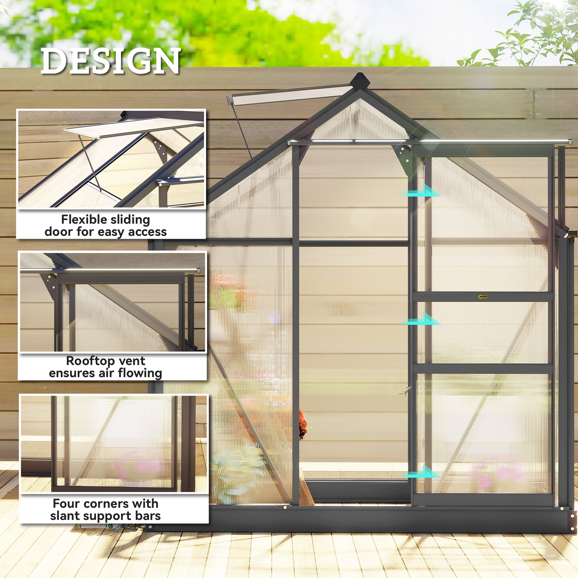 Polycarbonate Greenhouse, Heavy Duty Outdoor Aluminum Walk-in Green House Kit Vent Door, 6.2'x4.3'x6.6' Gray - Gray - Image 4