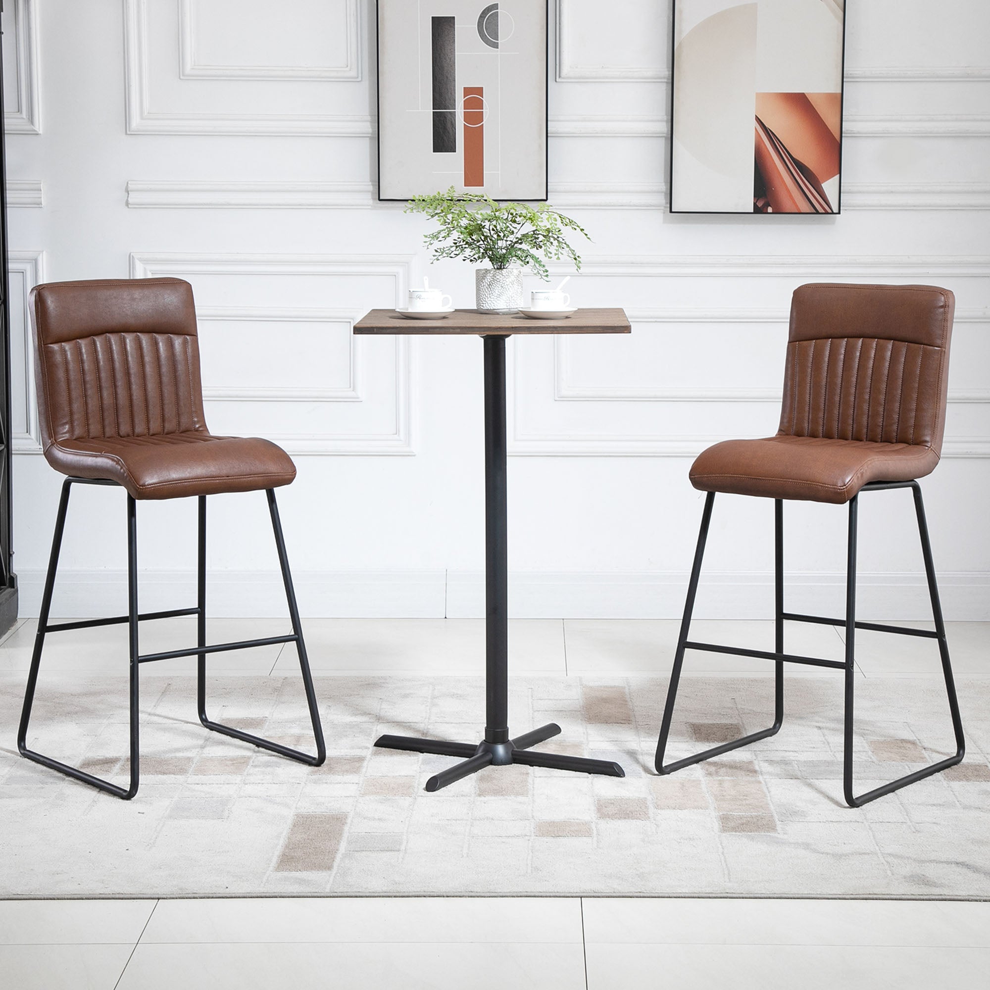 30" Industrial Bar Stool, PU Leather Barstool with Footrest, Upholstered Armless Pub Height Chair, Brown / Black