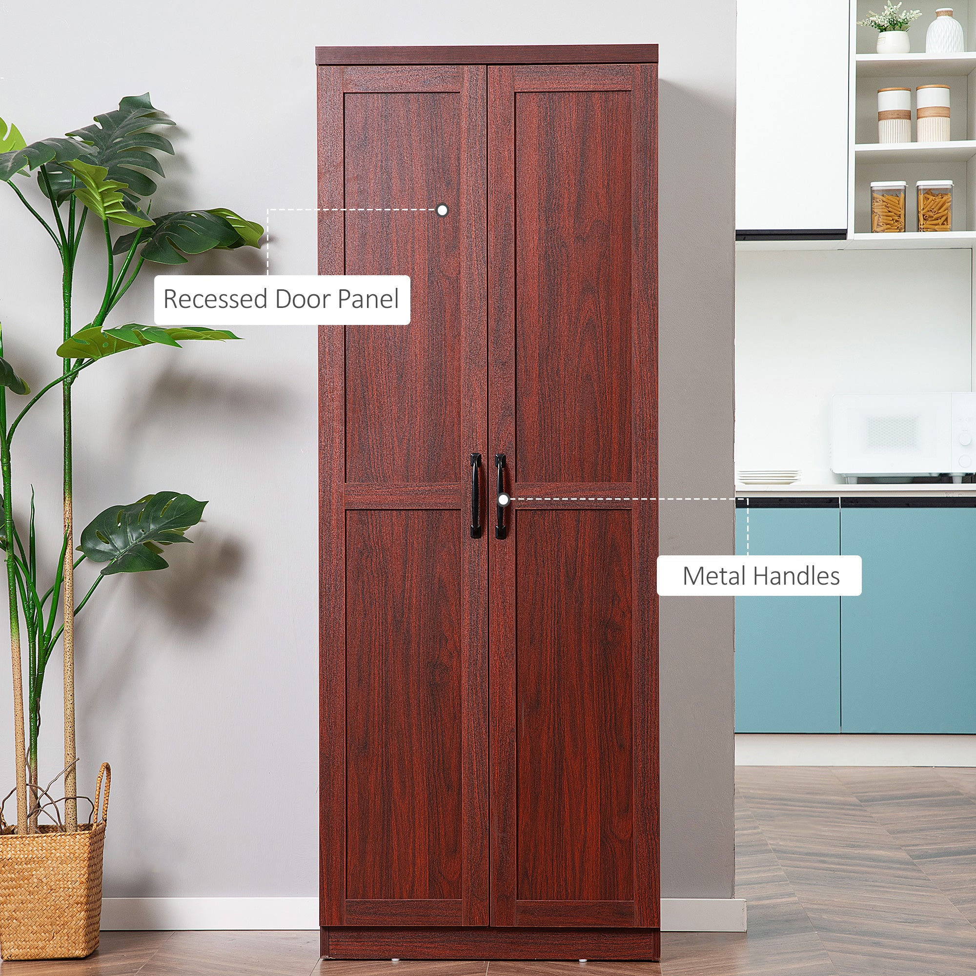 63" 2-Door Kitchen Pantry, Freestanding Storage Cabinet with 5-tier Shelving and 2 Adjustable Shelves for Dining Room, Espresso