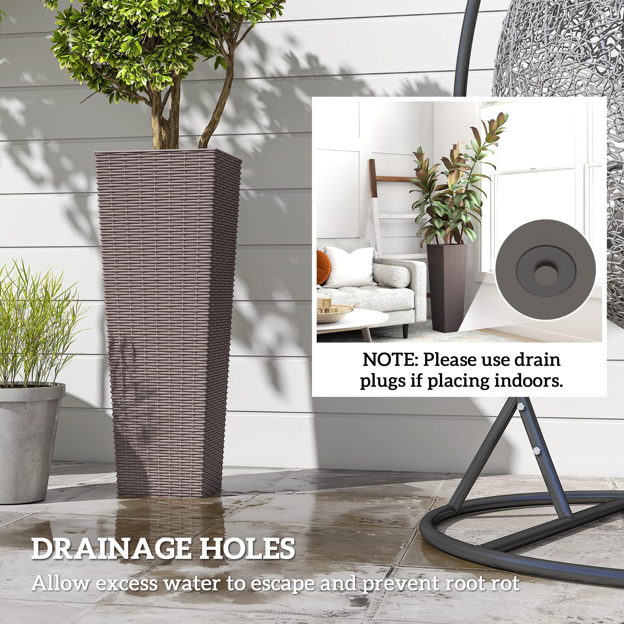 32 Inch Tall Planters for Outdoor Plants, Set of 2 Plastic Flower Pots with Drainage Holes, Brown - Brown - Image 6