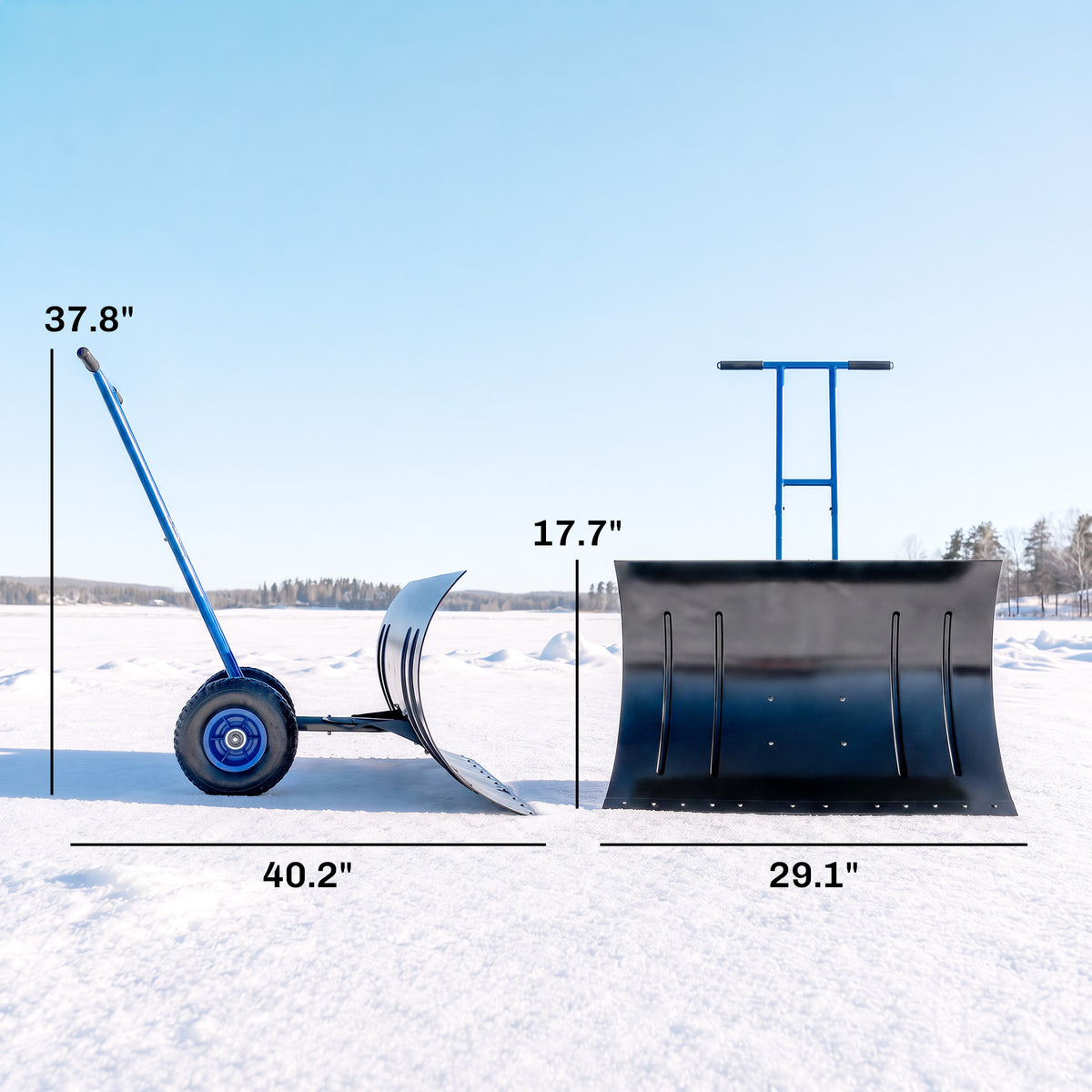 Snow Shovel with Wheels, 29" Metal Snow Pusher with Adjustable Handle, 7-Angle Blade, Wear Strip for Driveway, Blue