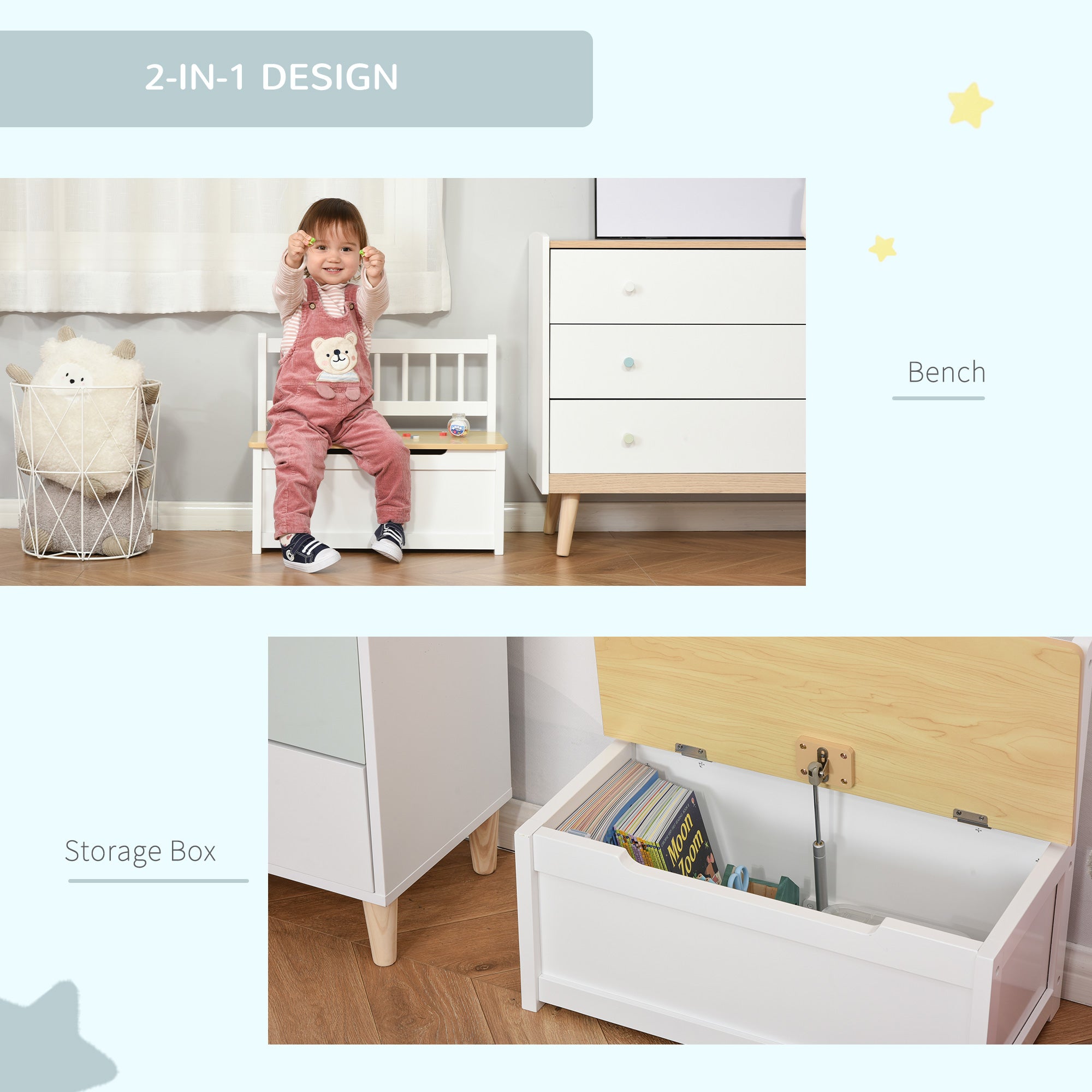 2-in-1 Kids Wooden Toy Organizer Chest Storage Box with Seat Bench Cabinet Chunk Cube with Safety Pneumatic Rod White