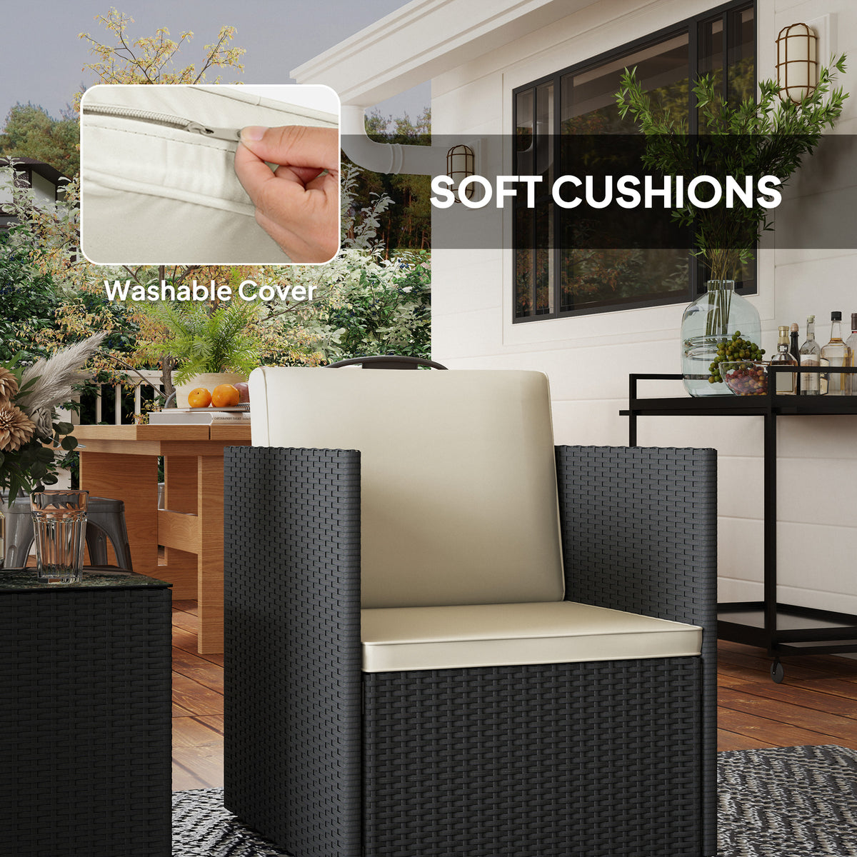Folding Wicker Bistro Set, 3 Piece Patio Furniture Set with Cushions and Glass Coffee Table for Porch, Balcony, Black