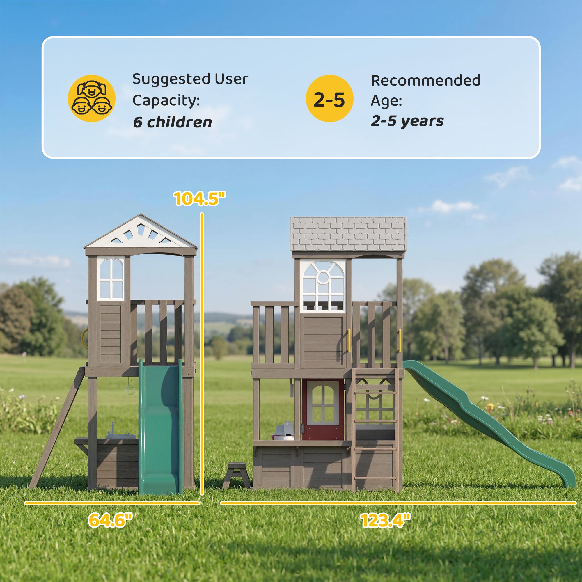 Two-Story Outdoor Playhouse, Wooden Kids Playhouse with Slide, Bench, BBQ Play Kitchen, Ladder, Lookout Platform, Clock