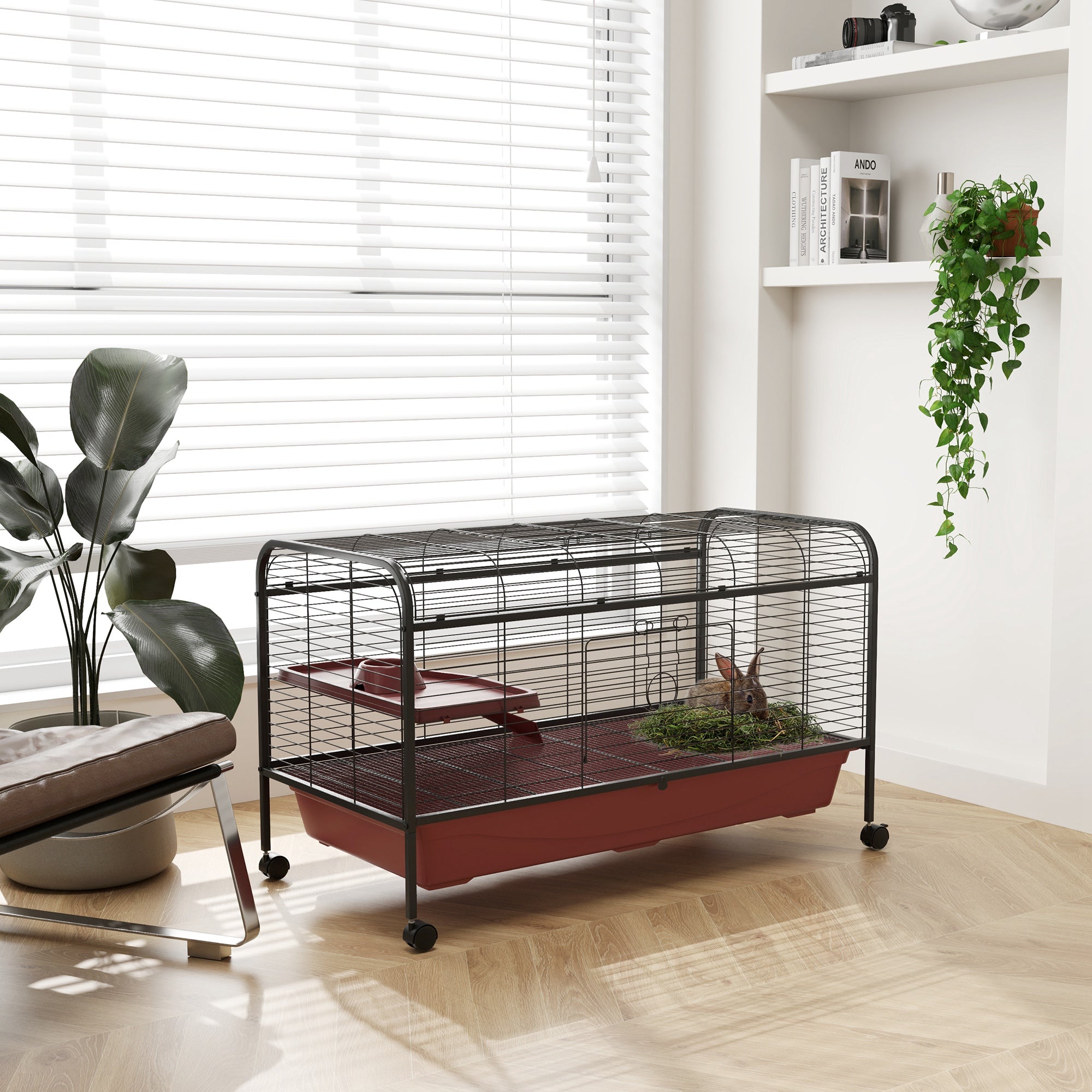 48" L Small Animal Cage, Pet Play House for Rabbit Hutch or Ferret with Feeder, Rolling Wheels, Platform, Ramp - Red and Black - Image 2