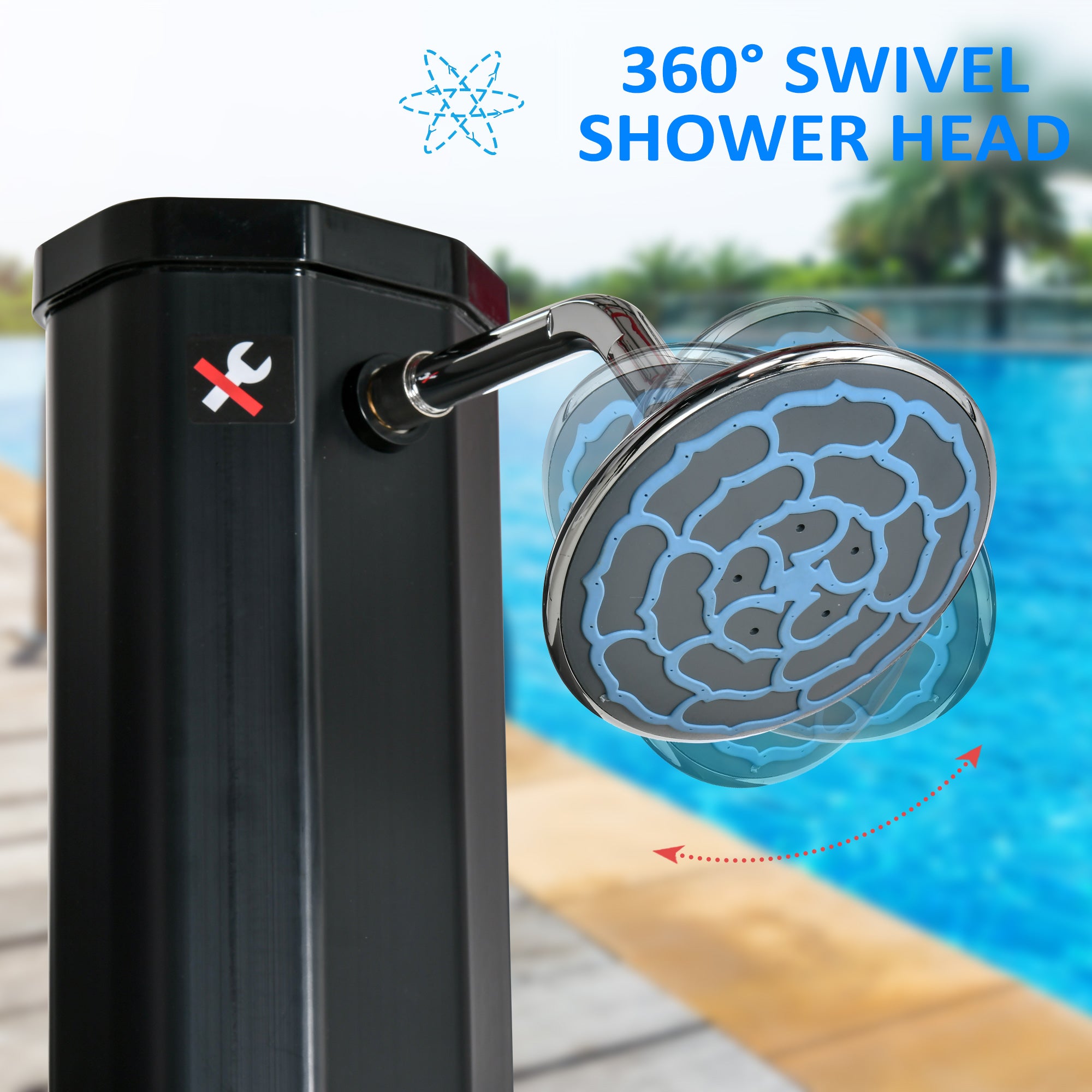 7ft Outdoor Solar Heated Shower with 360 Rotating Shower Head, Foot Shower Faucet, Temperature and Pressure Adjustable, Holds 9.2 Gallons for Backyard Pool