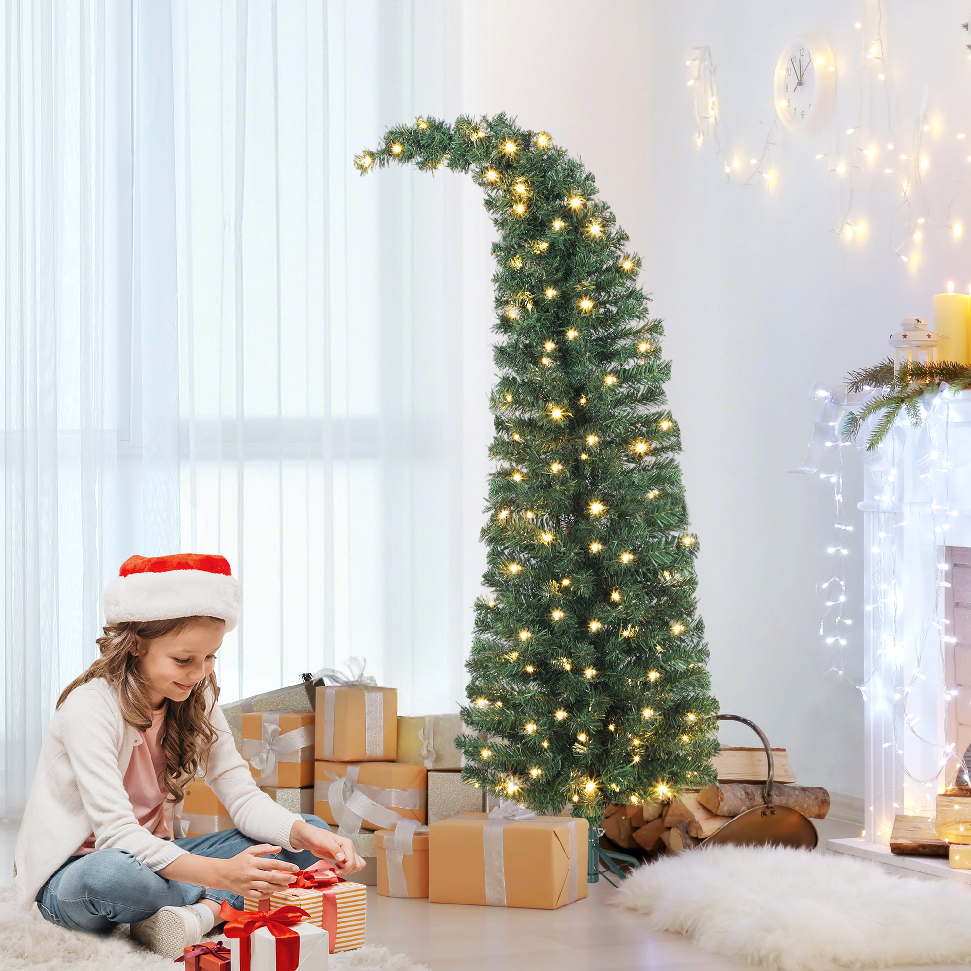 5 ft Prelit Christmas Tree, Whimsical Xmas Tree Slim High Mountain Fir with 100 LEDs and Metal Stand, Green
