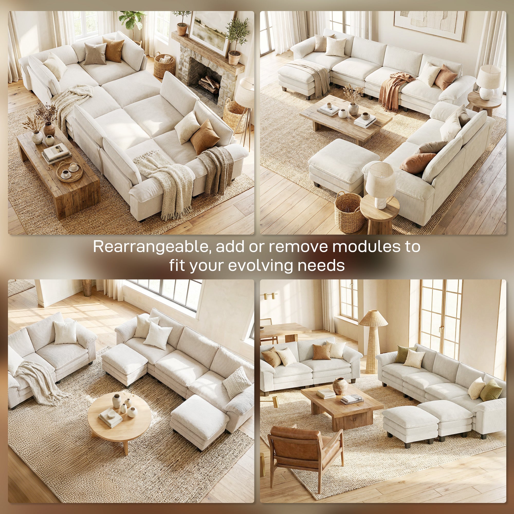 Sectional Sofa, L Shaped Couch with Deep Seat, Movable Ottoman and Pillow-top Armrests, Beige