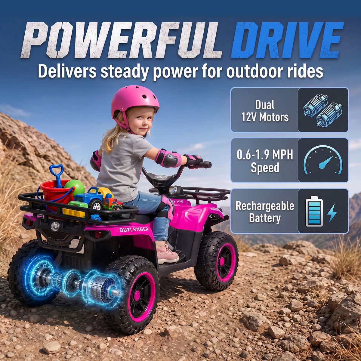 12V Ride on ATV, 4 Wheeler for Kids with Dual Motors, Soft Start, Battery Display, Music, Lights for 3-8 Years, Pink