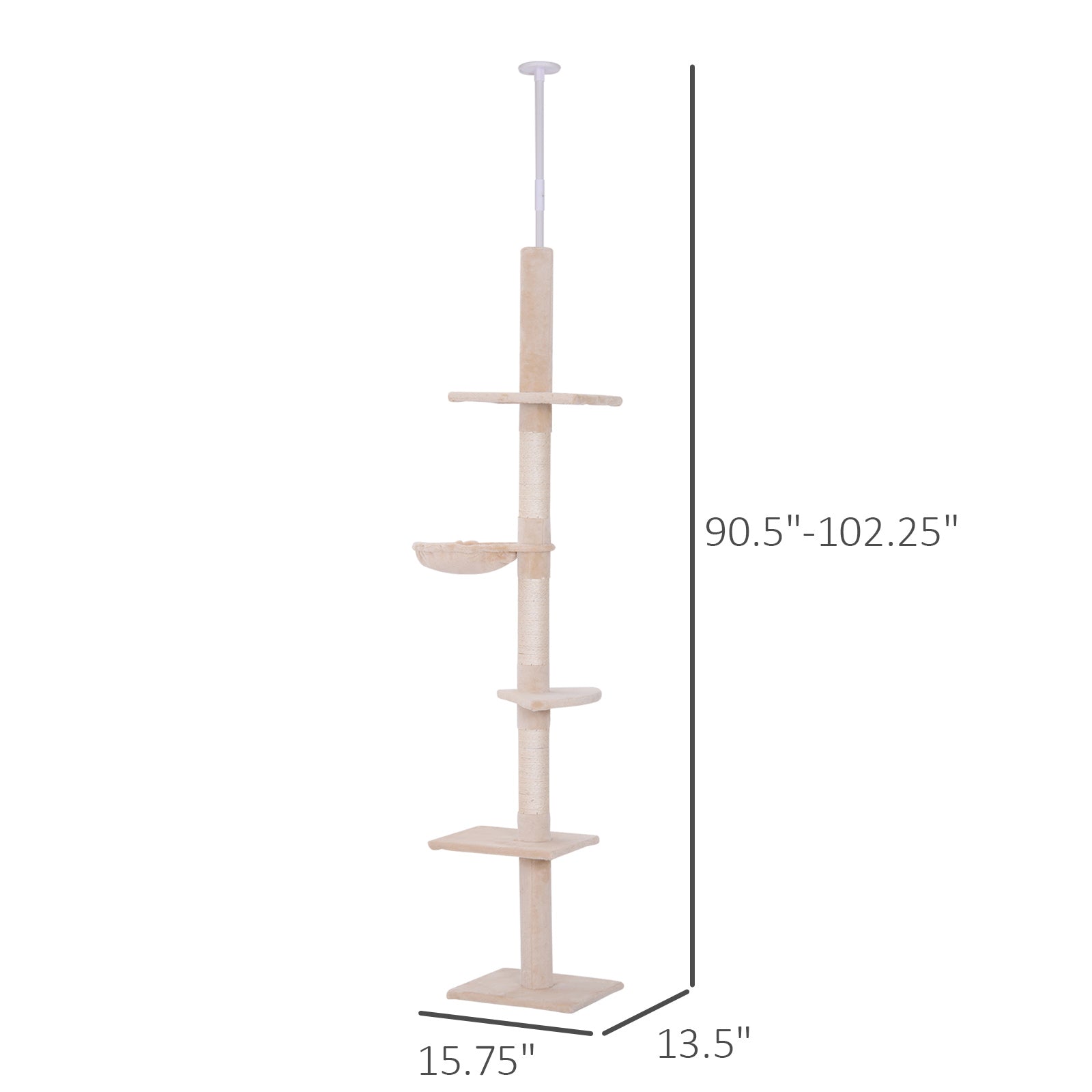 102" Adjustable Height Floor to Ceiling Cat Tree, 5 Level Cat Tower with Scratching Posts, Hammock, Beige - Beige - Image 3