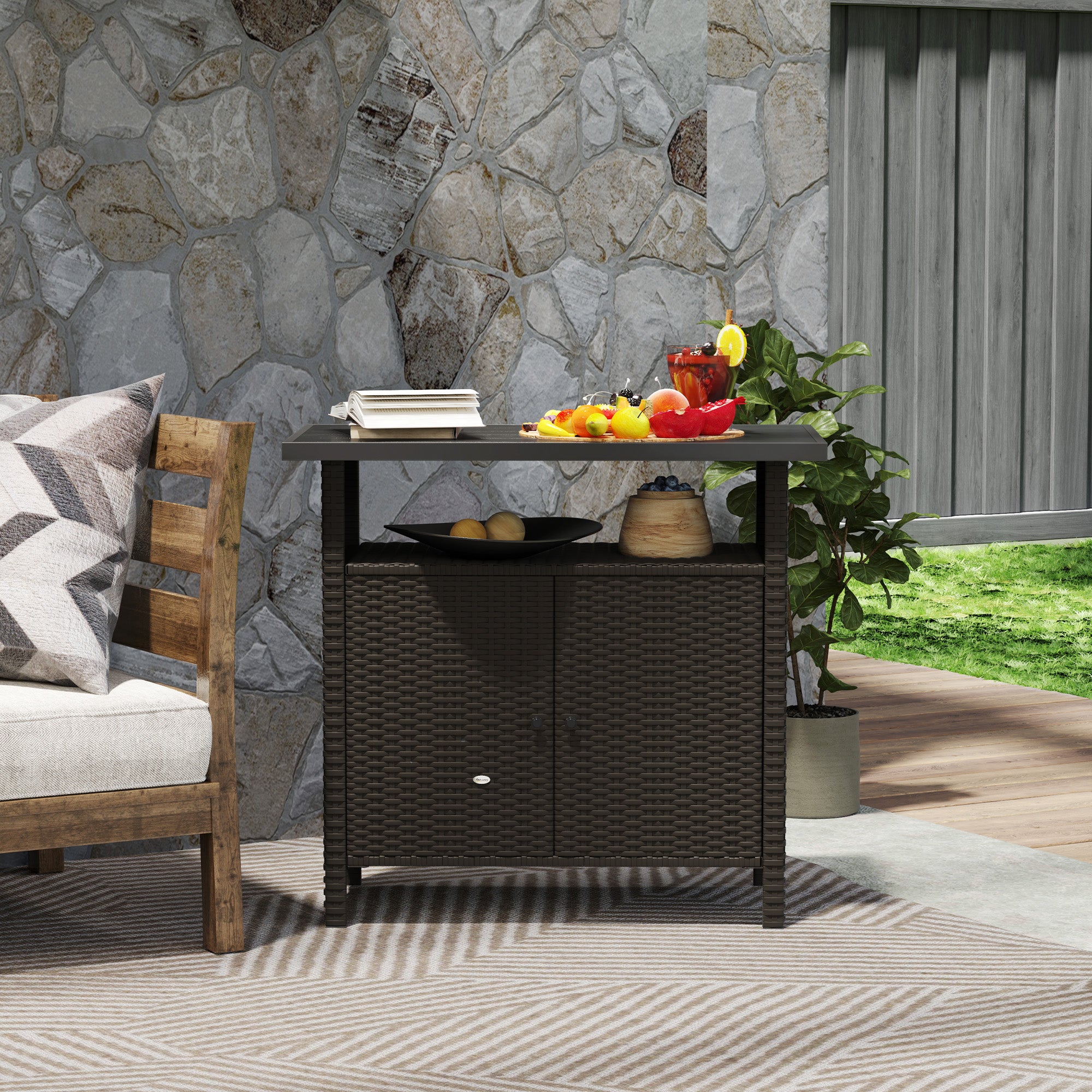 Wicker Outdoor Storage Cabinet with Two Doors and Shelf for Outdoor Pool Towel Storage, Dark Coffee - Dark Coffee - Image 8