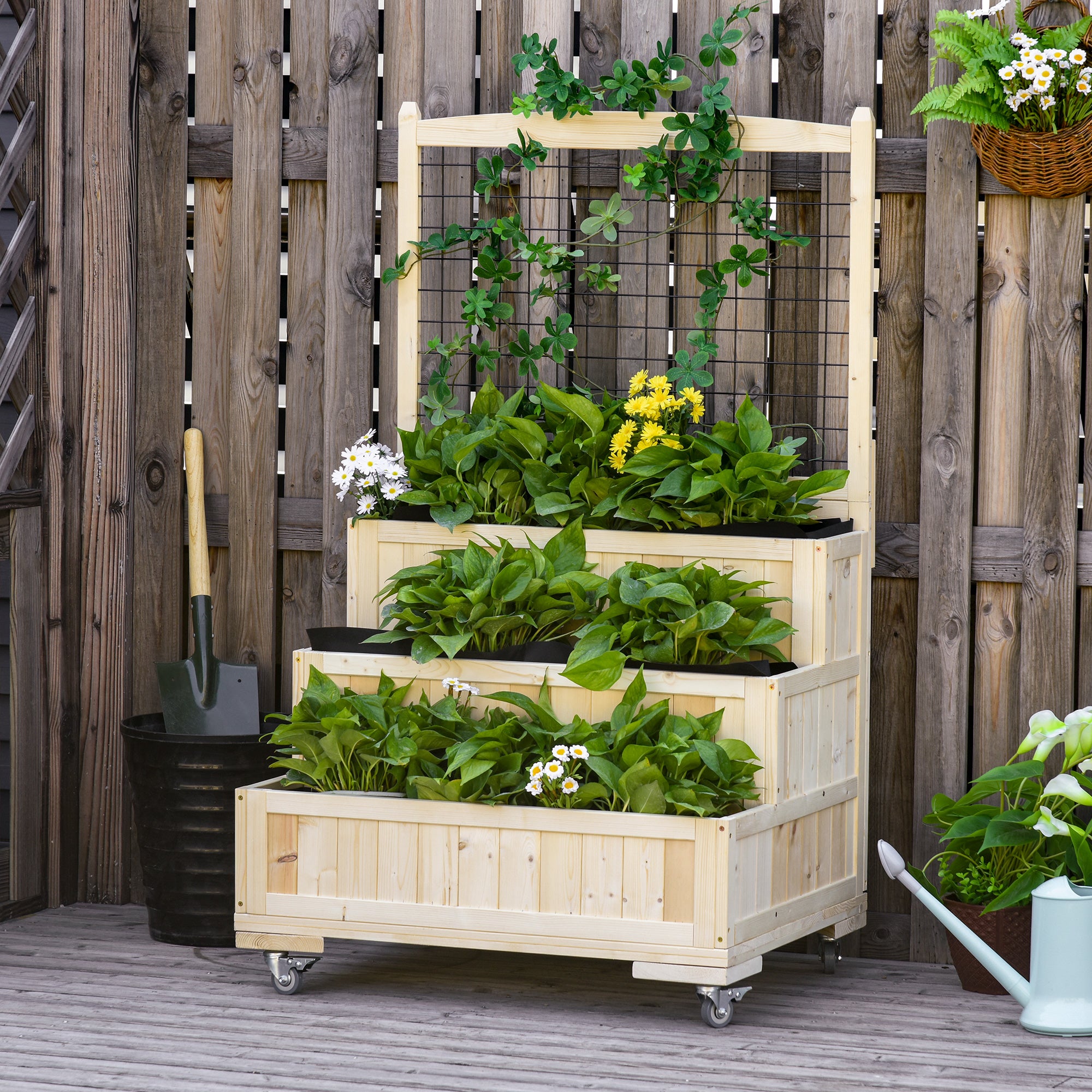 3-Tiers Raised Garden Bed with Trellis, 53" H Vertical Planter Box with Wheels & Back Storage Area, for Flowers, Vegetables, Herbs, Natural - Natural Wood - Image 2