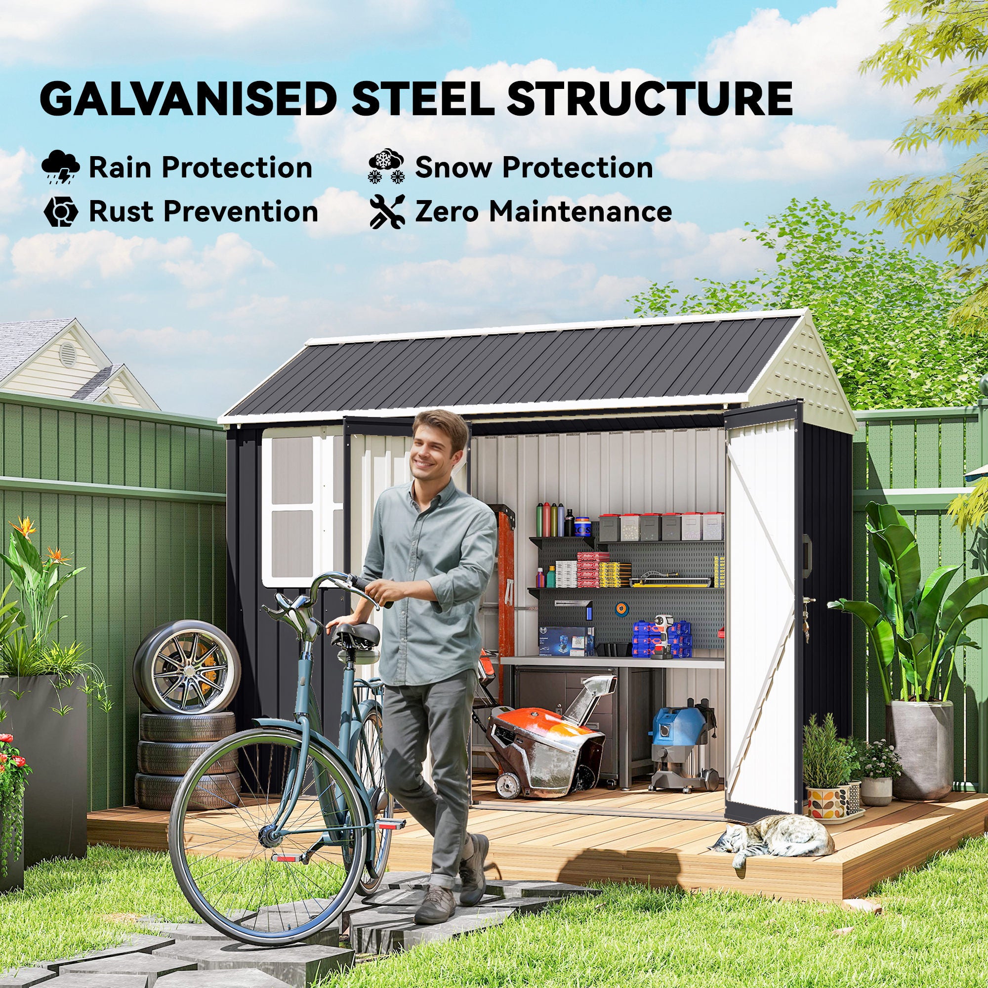 8' x 6' Metal Garden Storage Shed, Extra Large Outdoor Tool Storage House w/ Doors, Window and Air Vents, Dark Gray - Dark Gray - Image 4