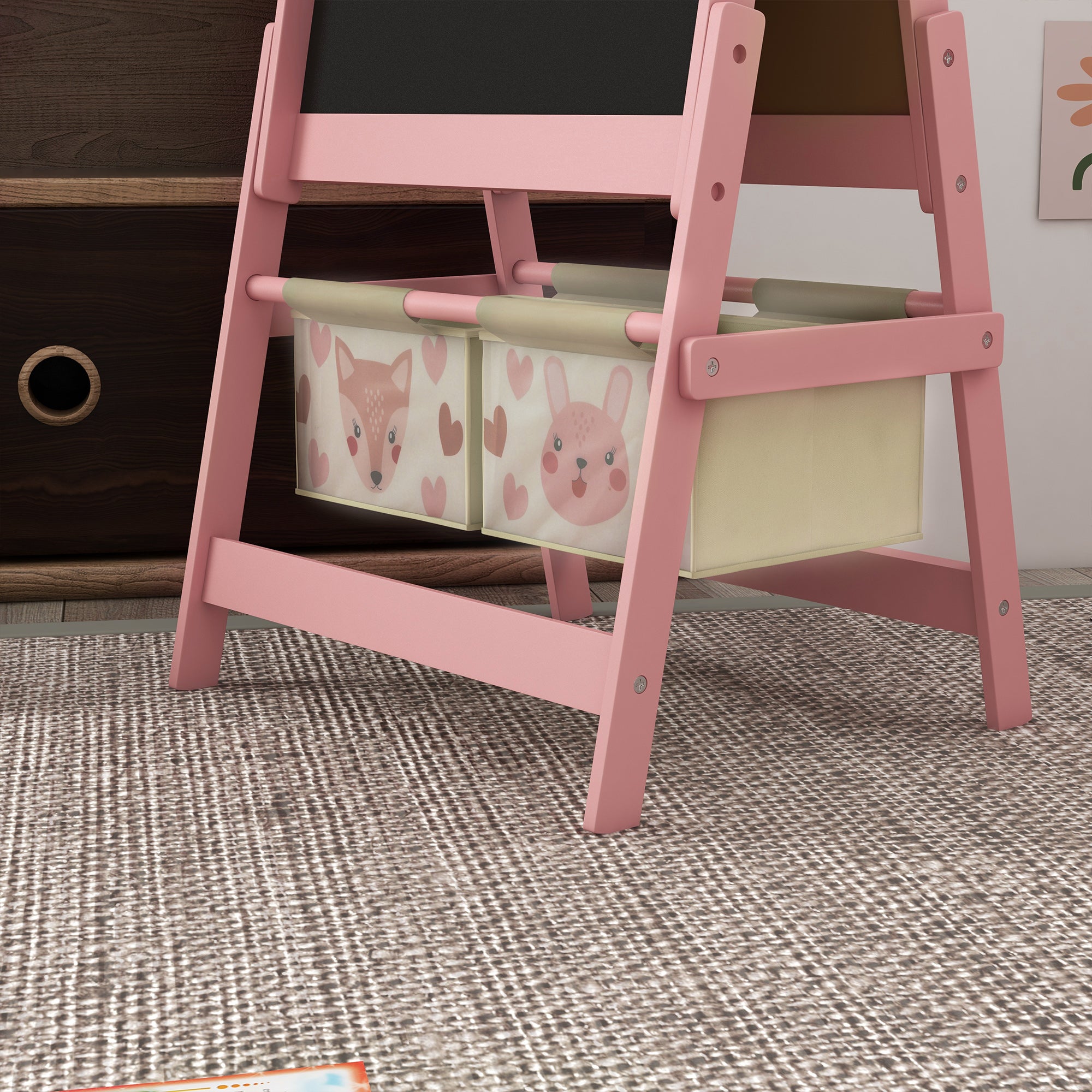 Art Easel for Kids with Paper Roll, Blackboard, Whiteboard, Storage, Pink