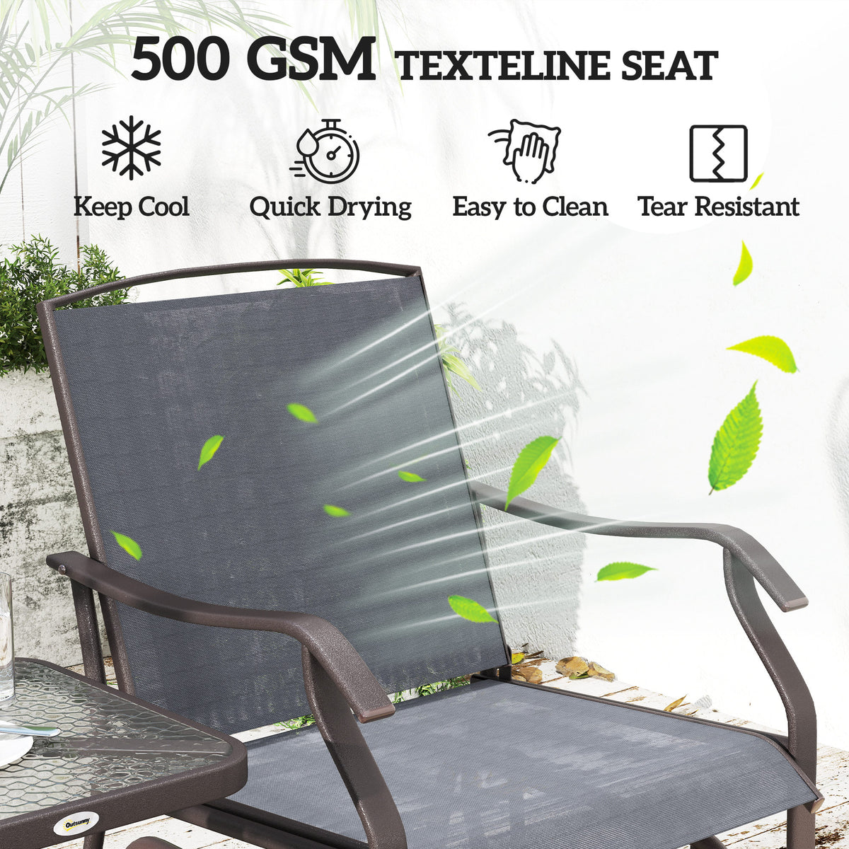 3 Piece Outdoor Glider Chair with Coffee Table Bistro Set, 2 Patio Rocking Swing Chairs with Breathable Sling Fabric, Glass Tabletop, for Backyard, Garden and Porch, Gray