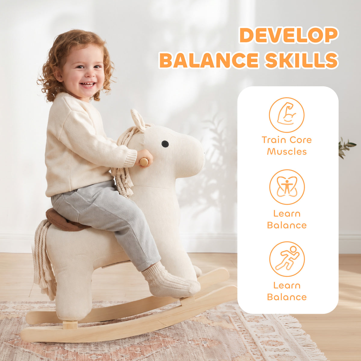 Baby Rocking Horse, Wooden Ride on Horse Toy with Realistic Sound and Rocking Limiter, Plush Ride-On Rocker for Toddlers