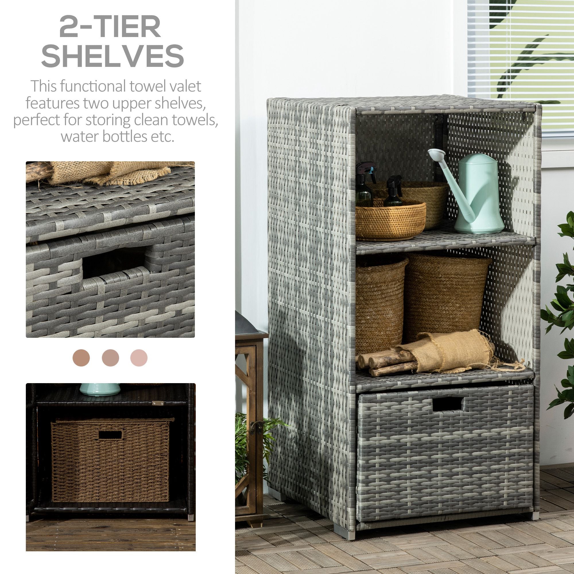 Valet Pool Towel Rack, Waterproof PE Plastic Rattan Wicker Storage Organizer, Indoor Outdoor Spa, and Hot Tub Accessory Storage, 2 Shelves, 1 Basket Drawer, Gray - Gray - Image 5