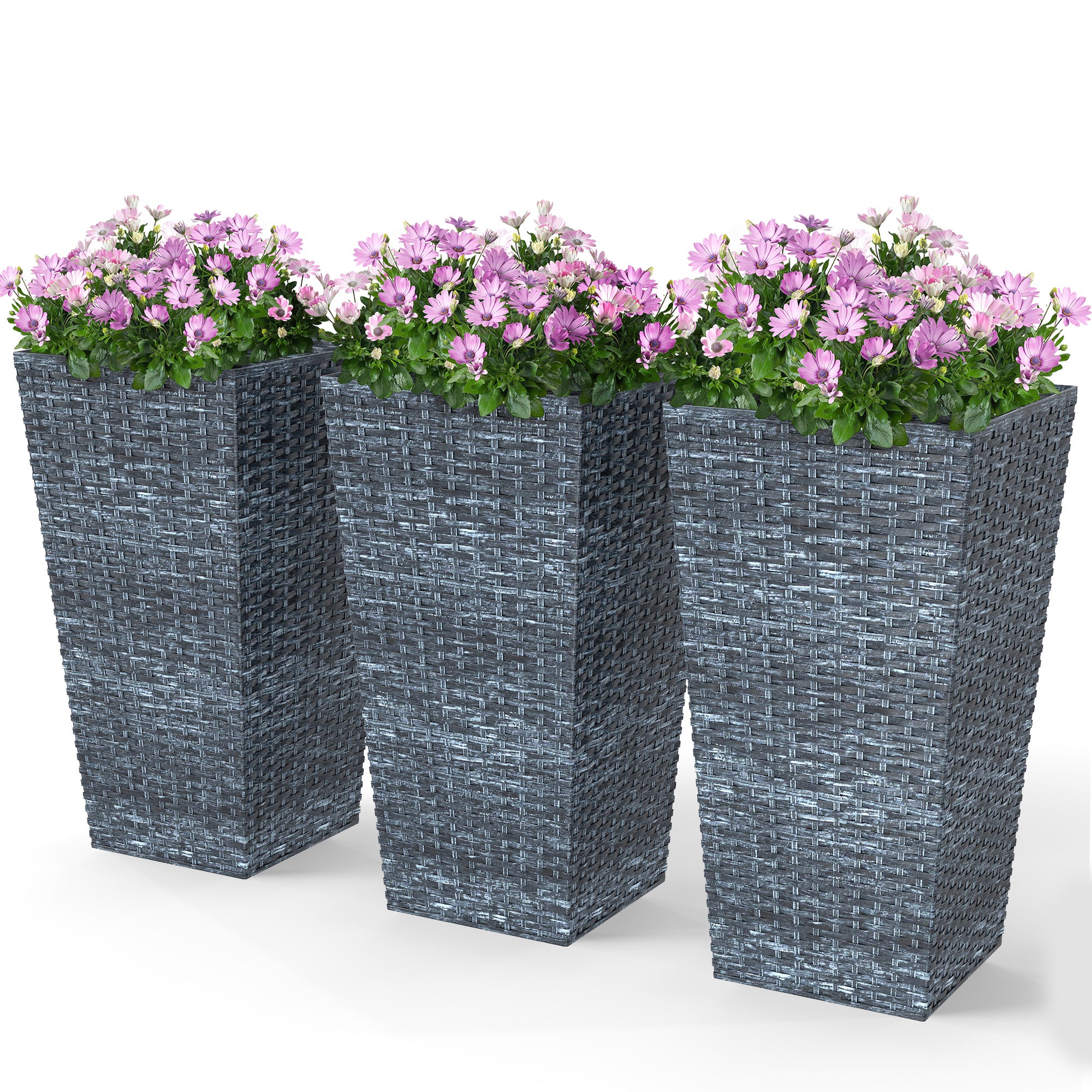 Tall Planters for Outdoor Plants Set of 3, 24 In Taper Planters with Drainage Holes, Rattan Decor Plant Pots for Indoor Outdoor Front Porch Patio Backyard, Gray - Grey