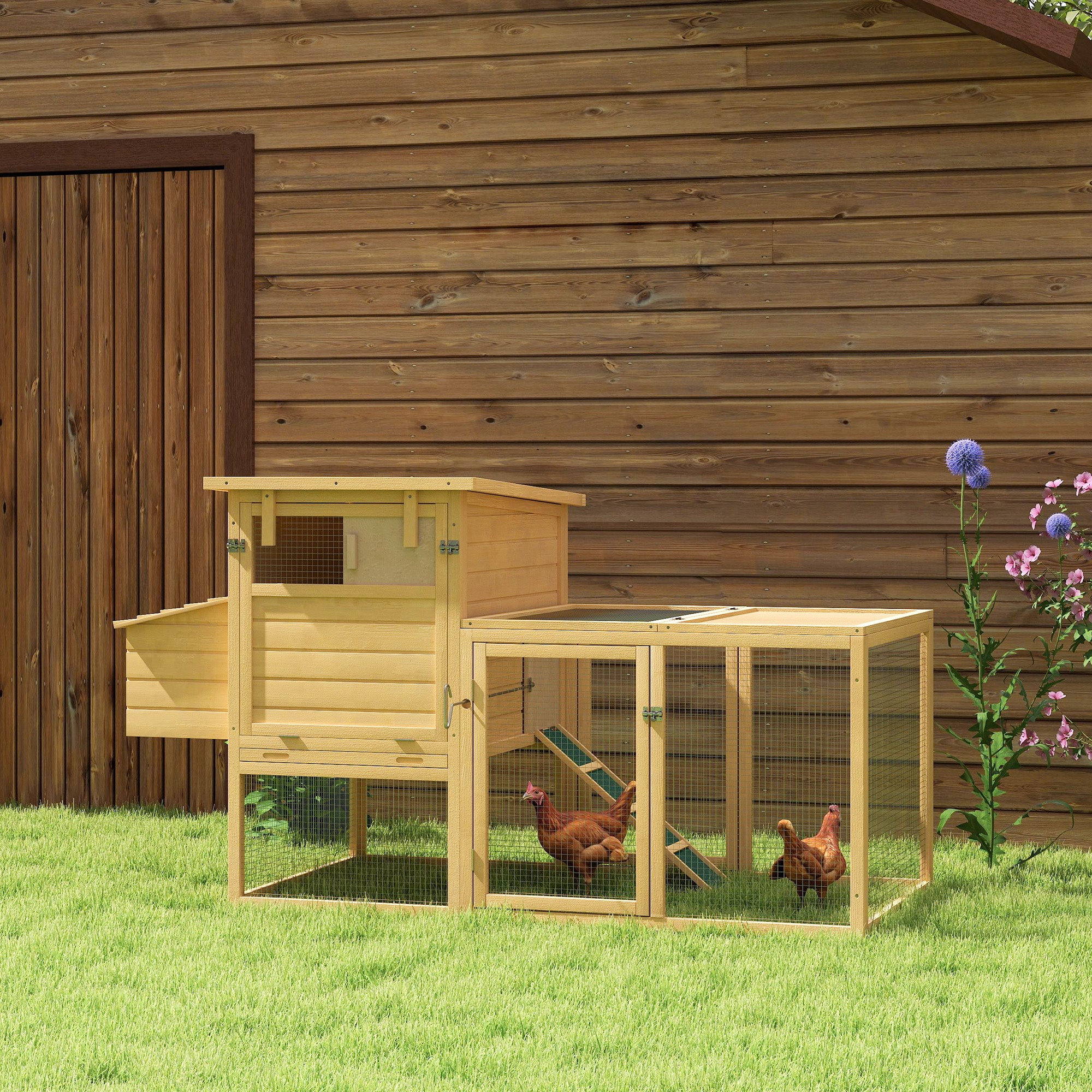 75" Wooden Chicken Coop with Nesting Box, Removable Tray, Ramp Run, for Garden Backyard, Natural Wood - Natural Wood - Image 2