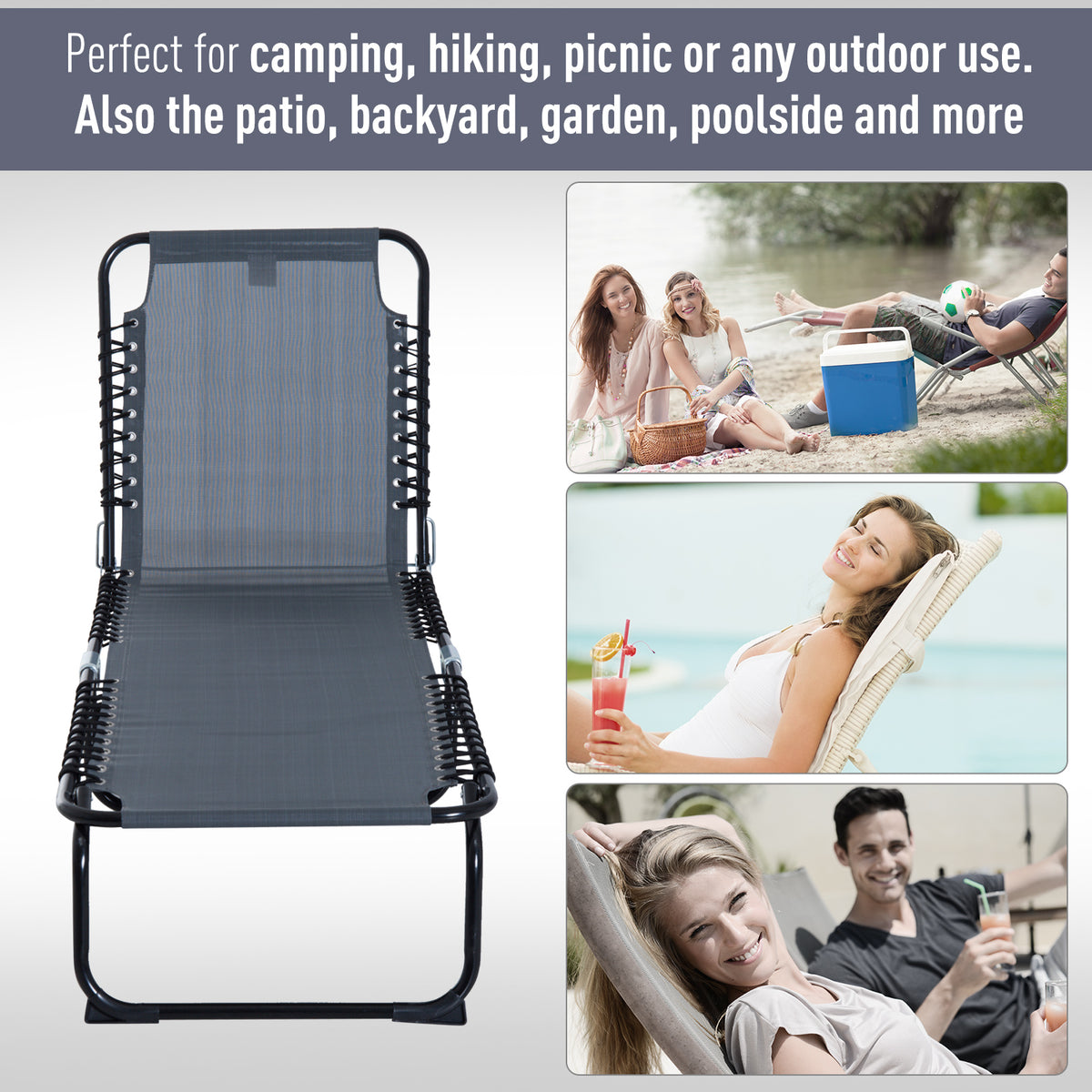 Set of 2 Folding Chaise Lounge Chairs, Outdoor Sun Tanning Chairs with Reclining Back, Gray